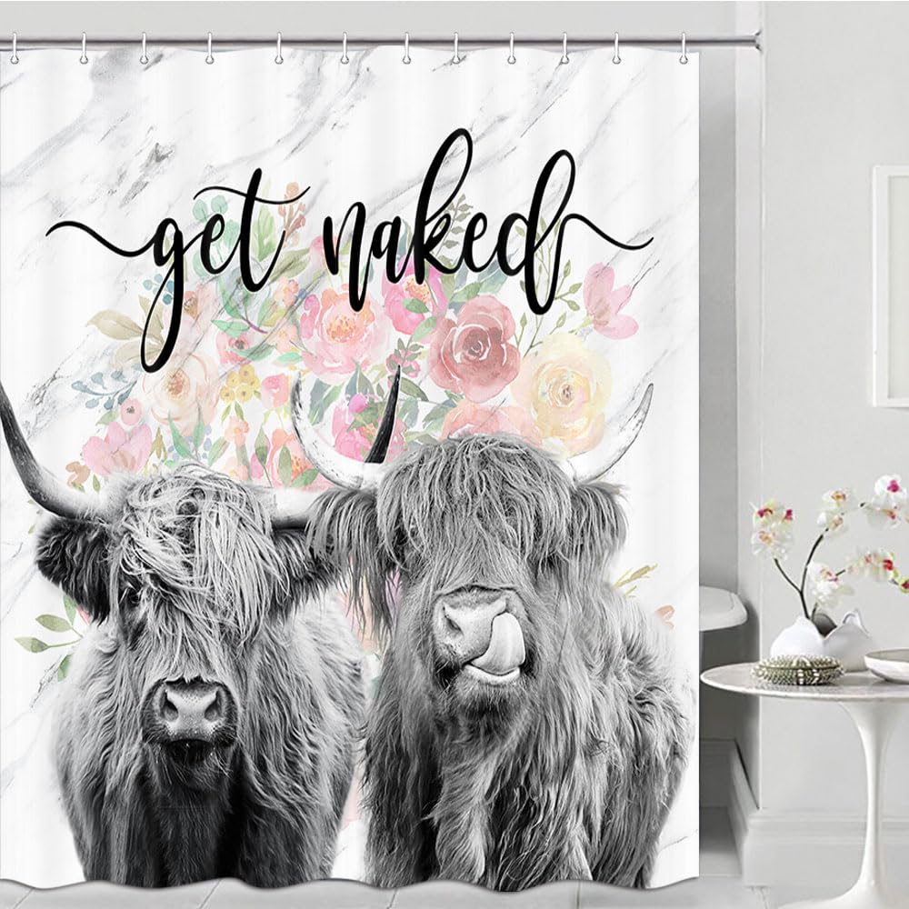 Western Cow Shower Curtain 60*72 Inch Highland Cow Bathroom Decor Get Naked Country Shower Curtains Set Rustic Farmhouse Style F