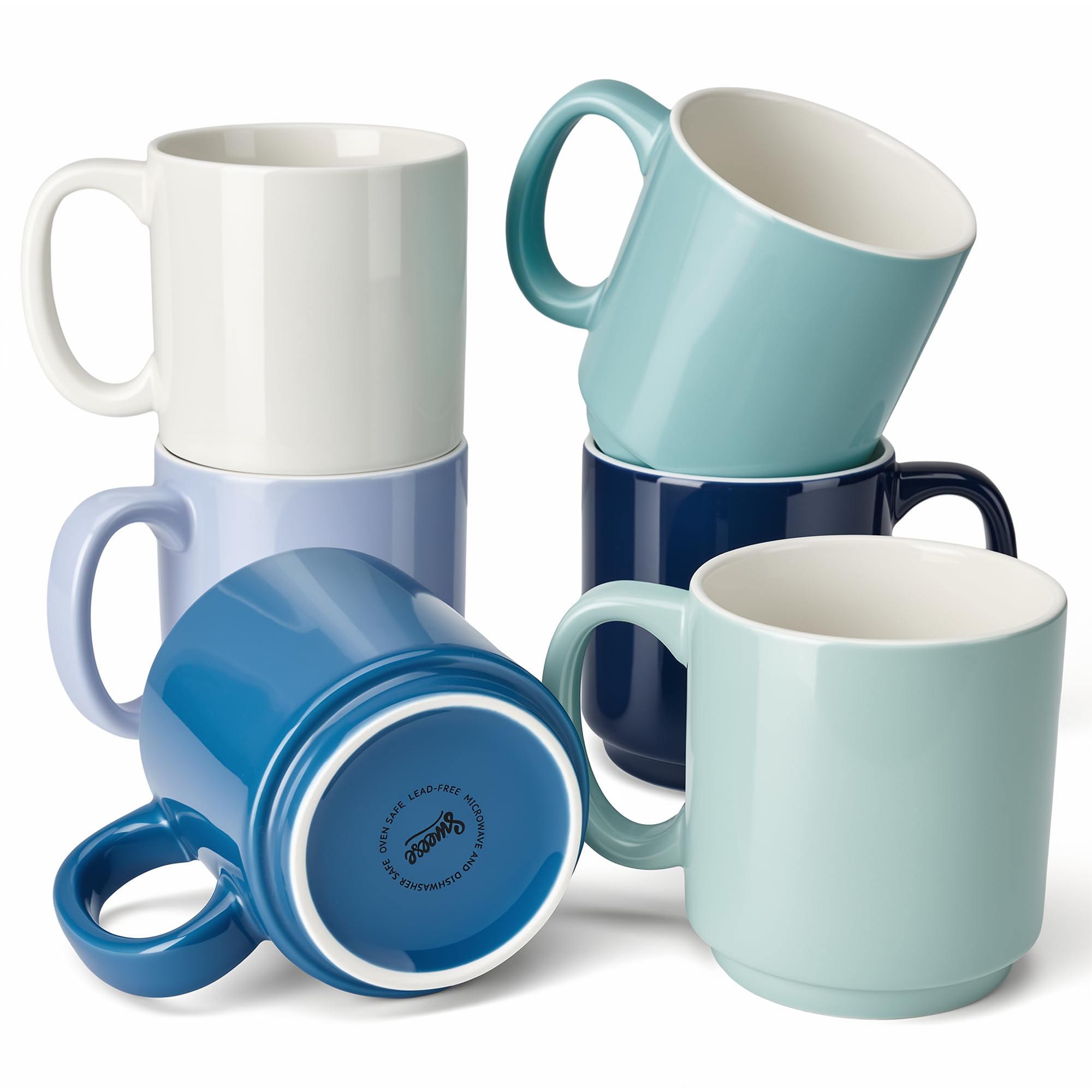 Sweese Stackable Coffee Mugs Set of 6, 16 Oz Large Porcelain Cups for Coffee, Latte, Tea & Hot Drinks, SpaceSaving Stackable De