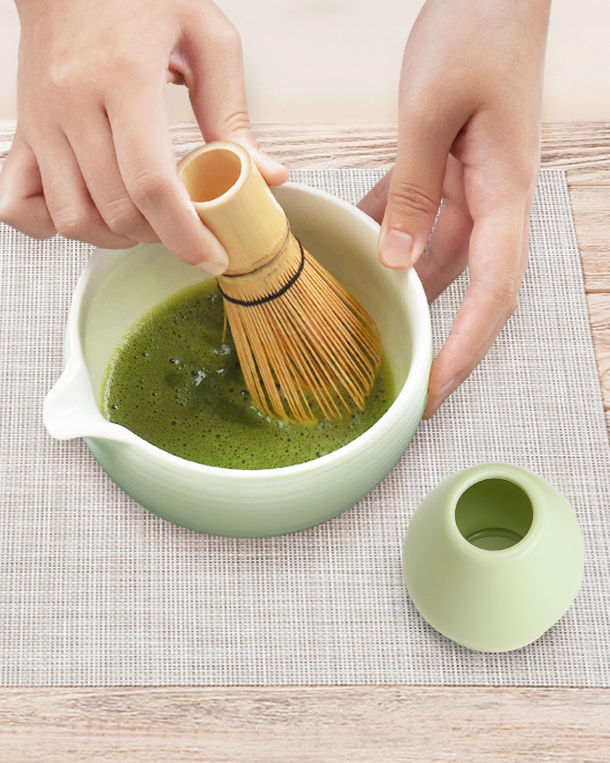 Joiish Matcha Bowl And Whisk Holder Set, Ceramic Tea Bowl And Whisk Stand, Matcha Tea Mixing Bowl With Spout (18 Ounce), Whisk R