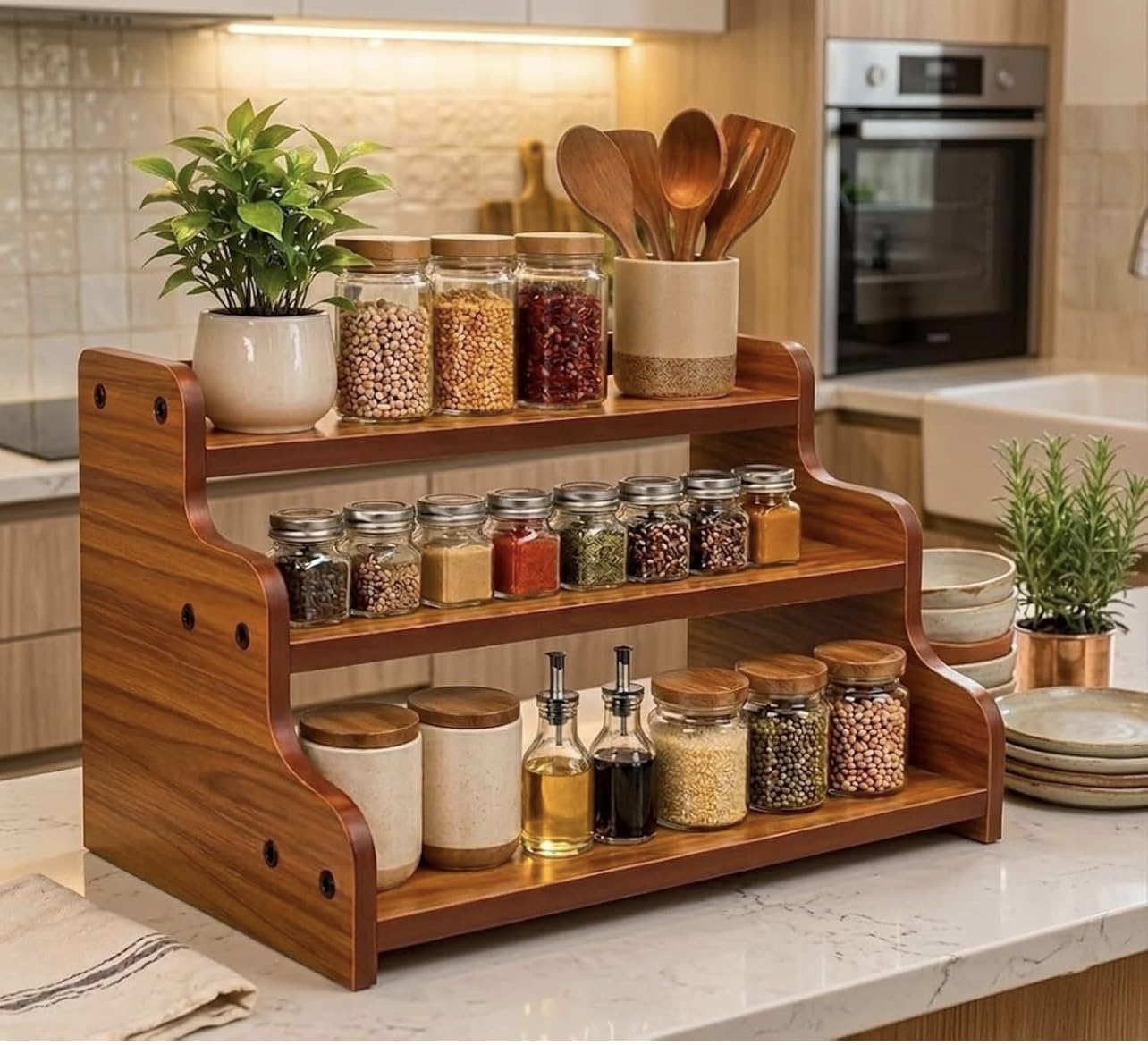 Ak Wood Art 3 Tier Wooden Kitchen Countertop Organizer Rack | Multipurpose Spice Rack & Kitchen Storage Shelf | Wooden Masala St