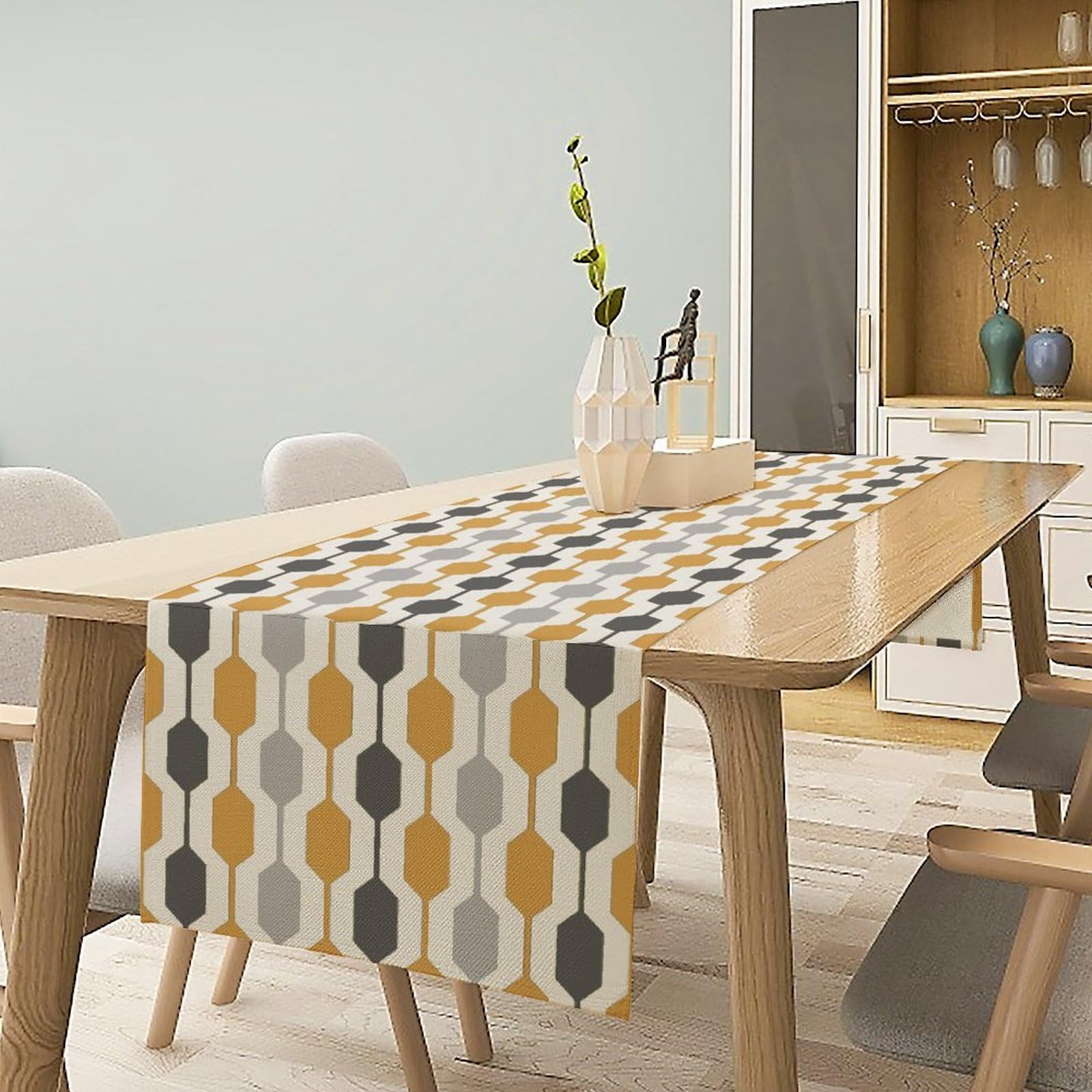 Modern Geometric Dining Table Runner, Mid Century Modern Geometric Yellow Gray Pattern Dinner Table Decoration For Home Living R