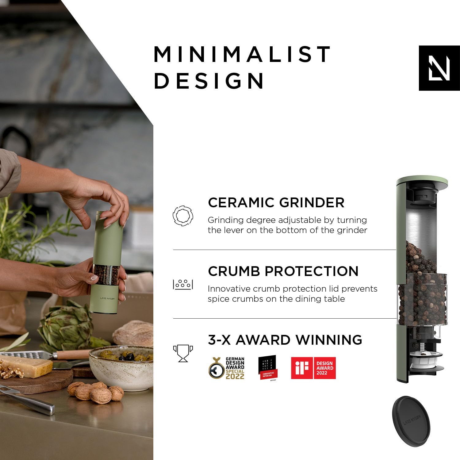 Lars Nysm Salt And Pepper Grinder Set 2 Pieces I Salt Pepper Mill With Adjustable Ceramic Grinder I Design Spice Grinder Set Man