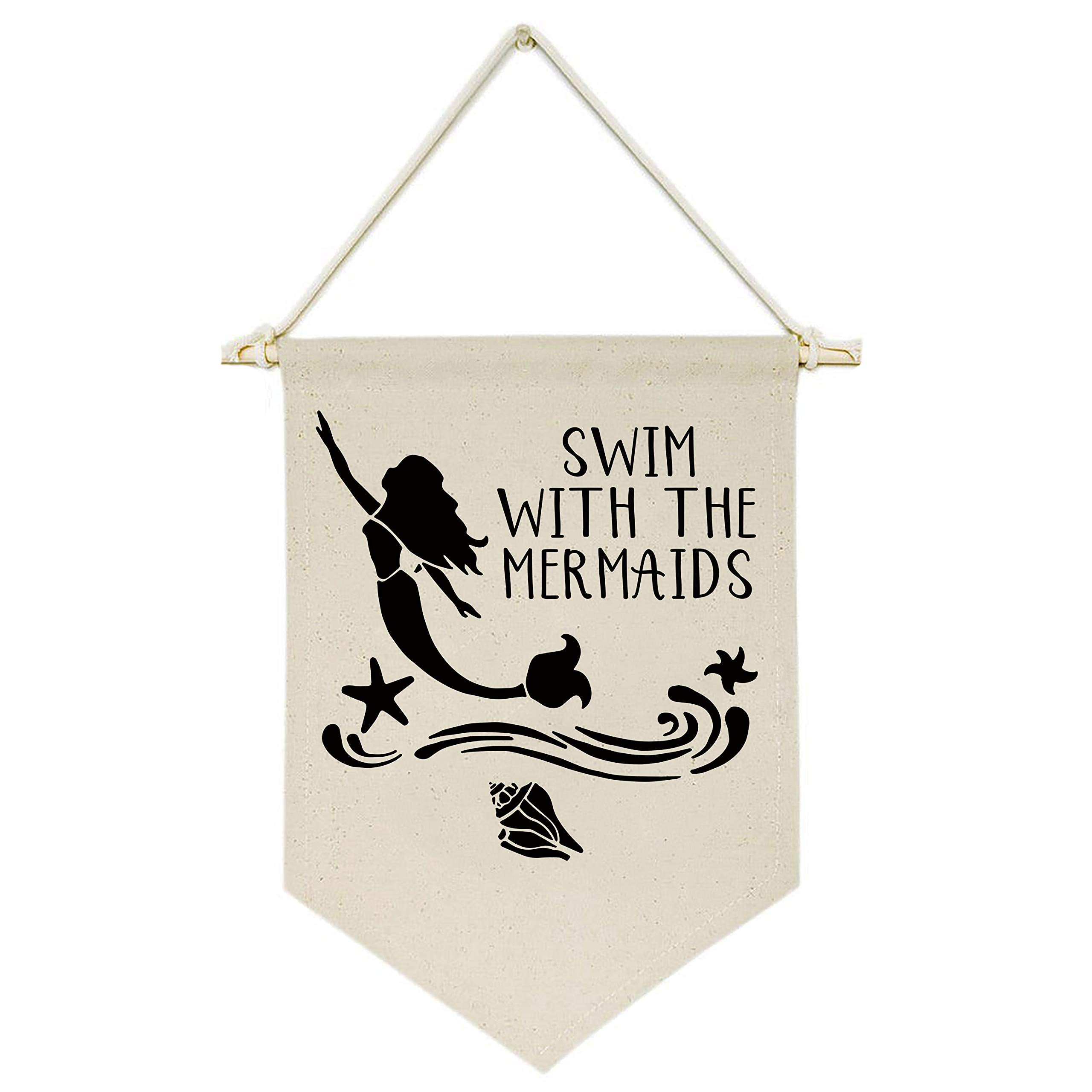 Swim With The Mermaids -Canvas Hanging Flag Banner Wall Sign Decor Gift For Baby Kids Girl Nursery Teen Room Front Door - Conch