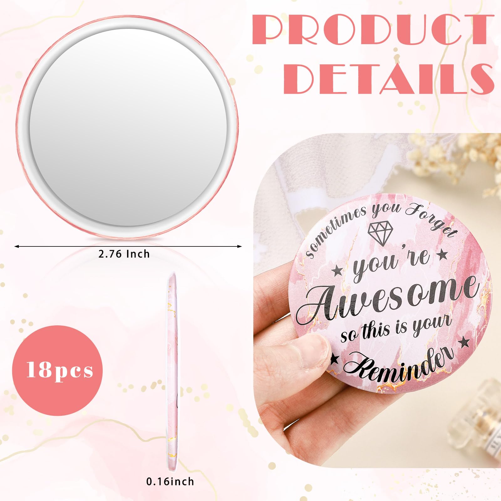 Tradder 18 Pcs 2.76 Inch Inspirational Compact Mirror Bulk Quinceanera Employee Appreciation Gifts Makeup Purse Pocket Mirror Fo