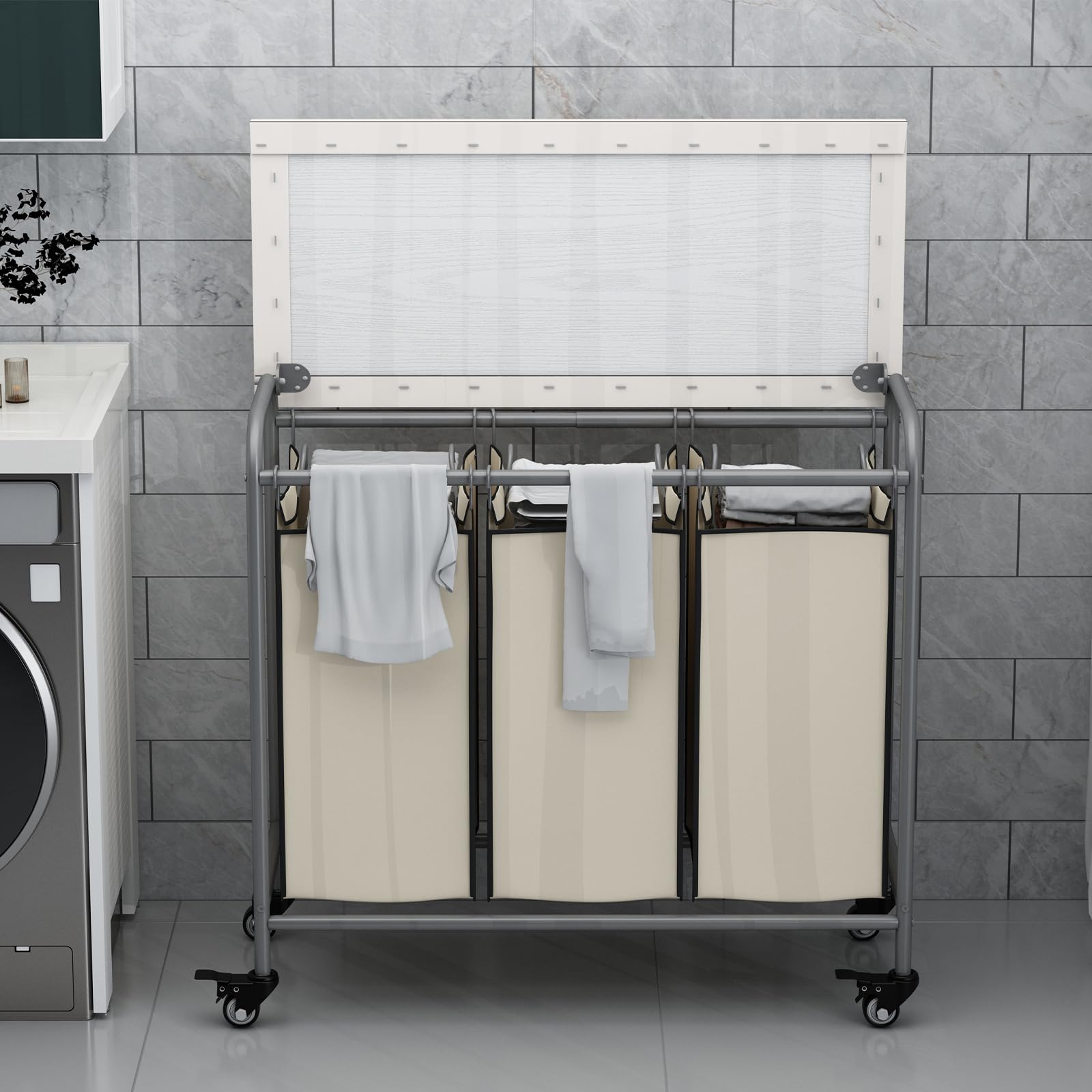 LINZINAR 3-Bag Laundry Sorter Cart with Ironing Board, Large, Black, Model AZ9000, Heavy Duty, Rolling with Lockable Wheels