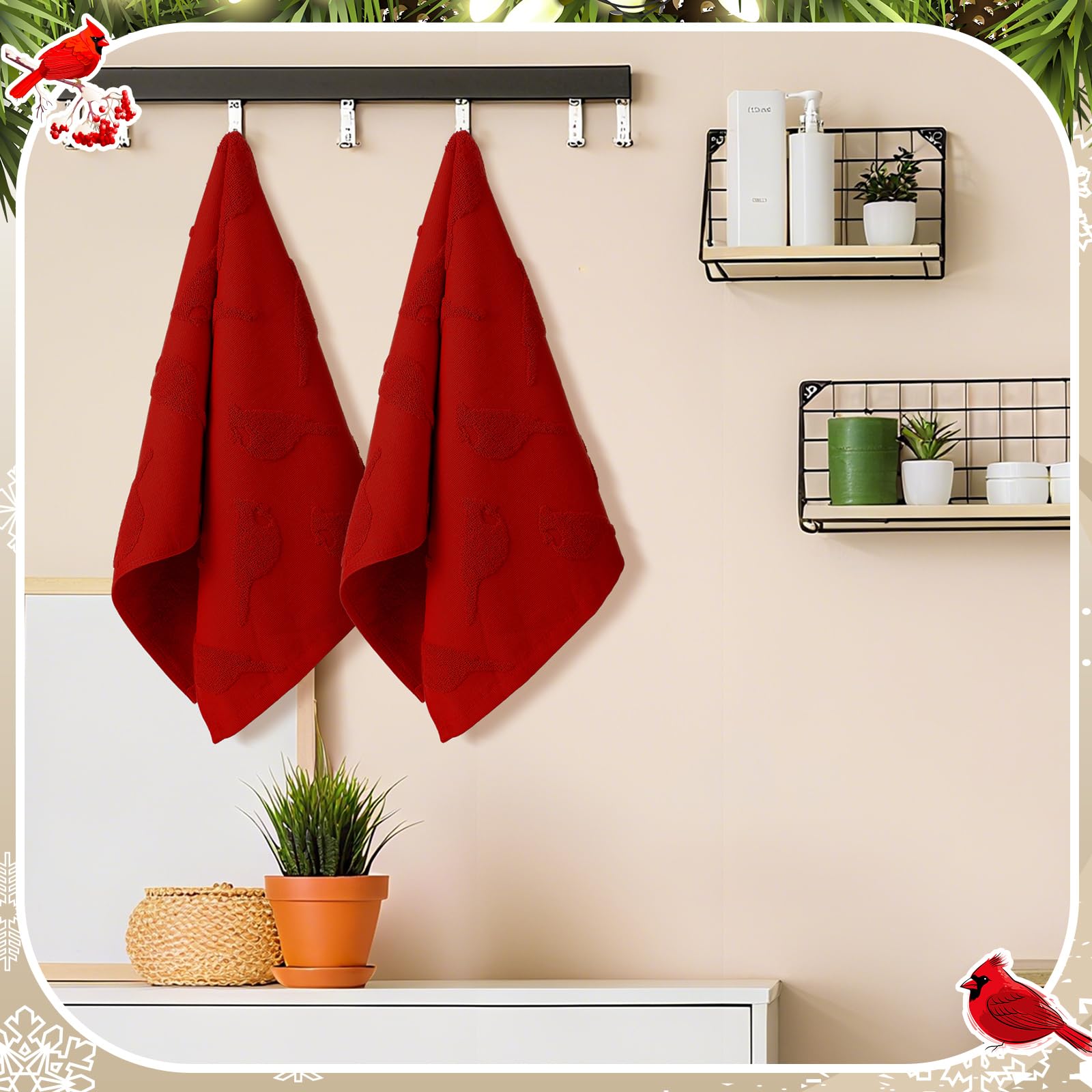 Breling 2 Pcs Christmas Hand Towels Red Cardinal Bathroom Decorative Towels 100% Cotton Absorbent Jacquard Weave Bath Decor Wint