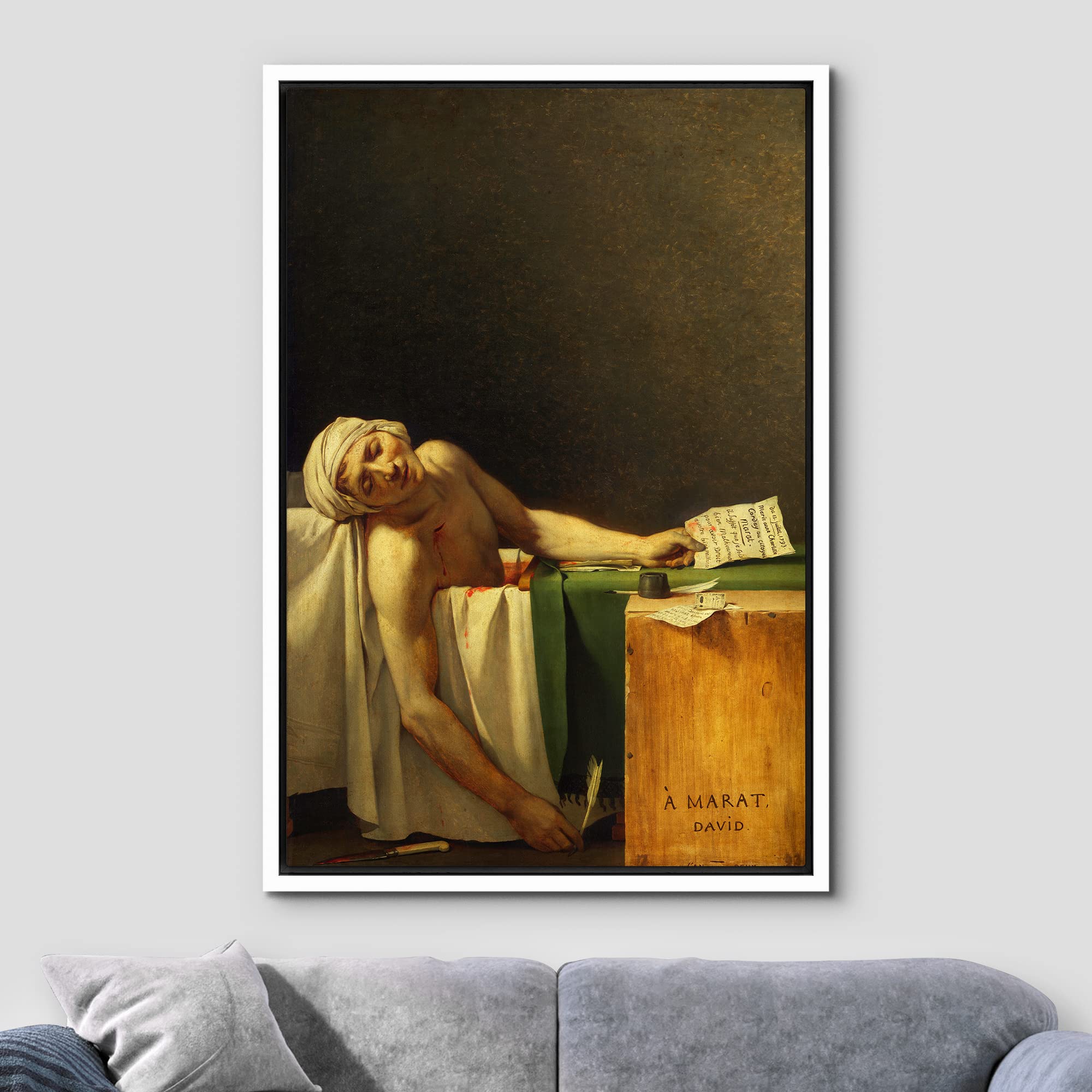 Wall26 - The Death Of Marat By Jacques-Louis David - Framed Canvas Print Wall Art Famous Painting Reproduction - 24''X36'' White
