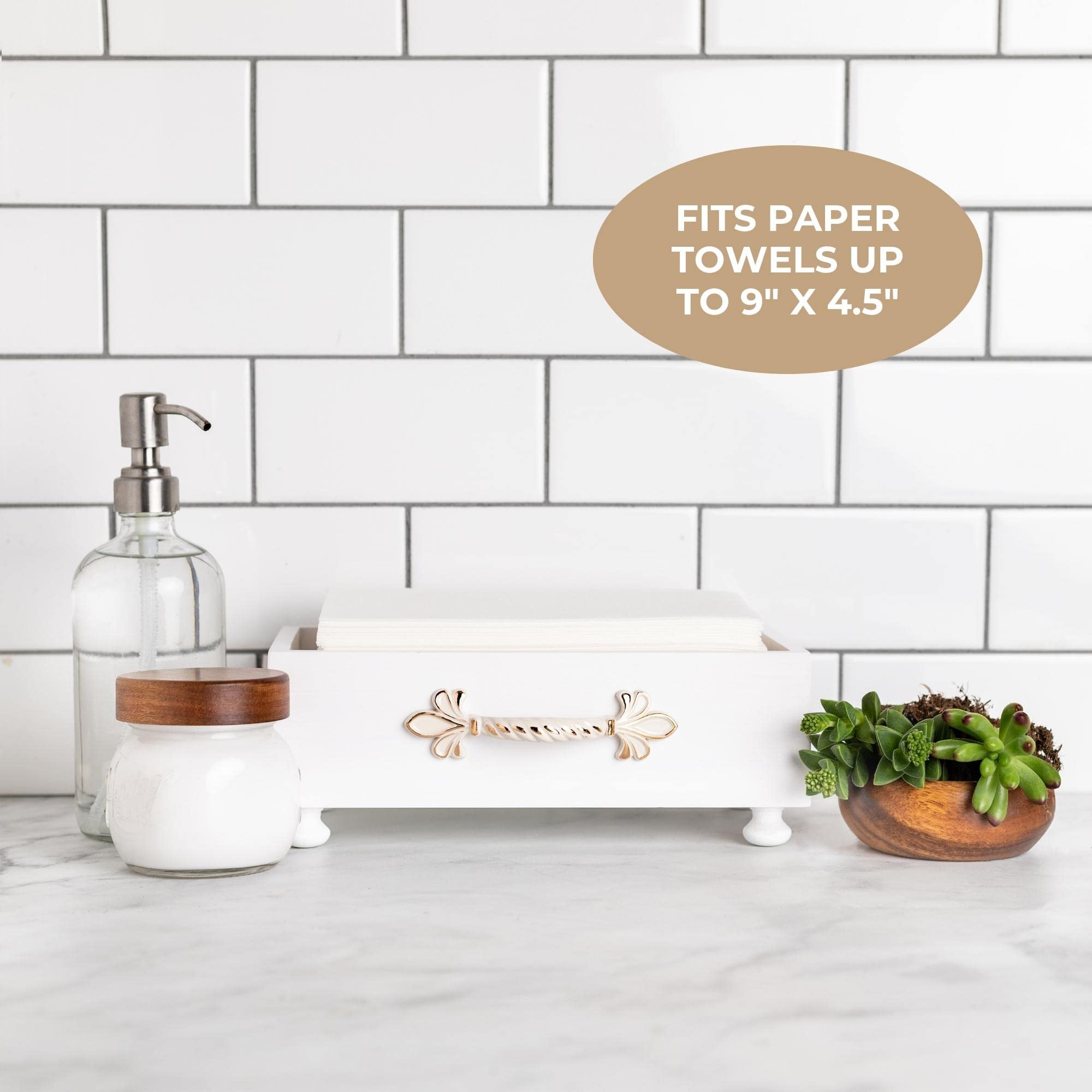 The Credit River Company Guest Towel Holder Tray - White Wood Bathroom Napkin Holder for Disposable Towels