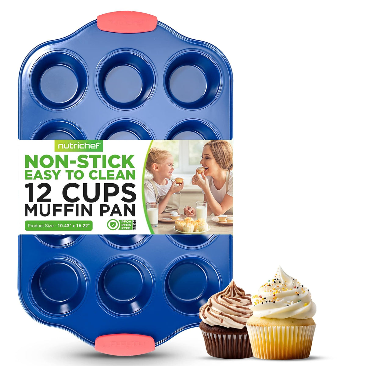 Jovial Nutrichef 16    12 Cup Muffin Non Stick Baking Pan,Deluxe Blue Carbon Steel Bake Pan With Red Silicone Handles,Commercial