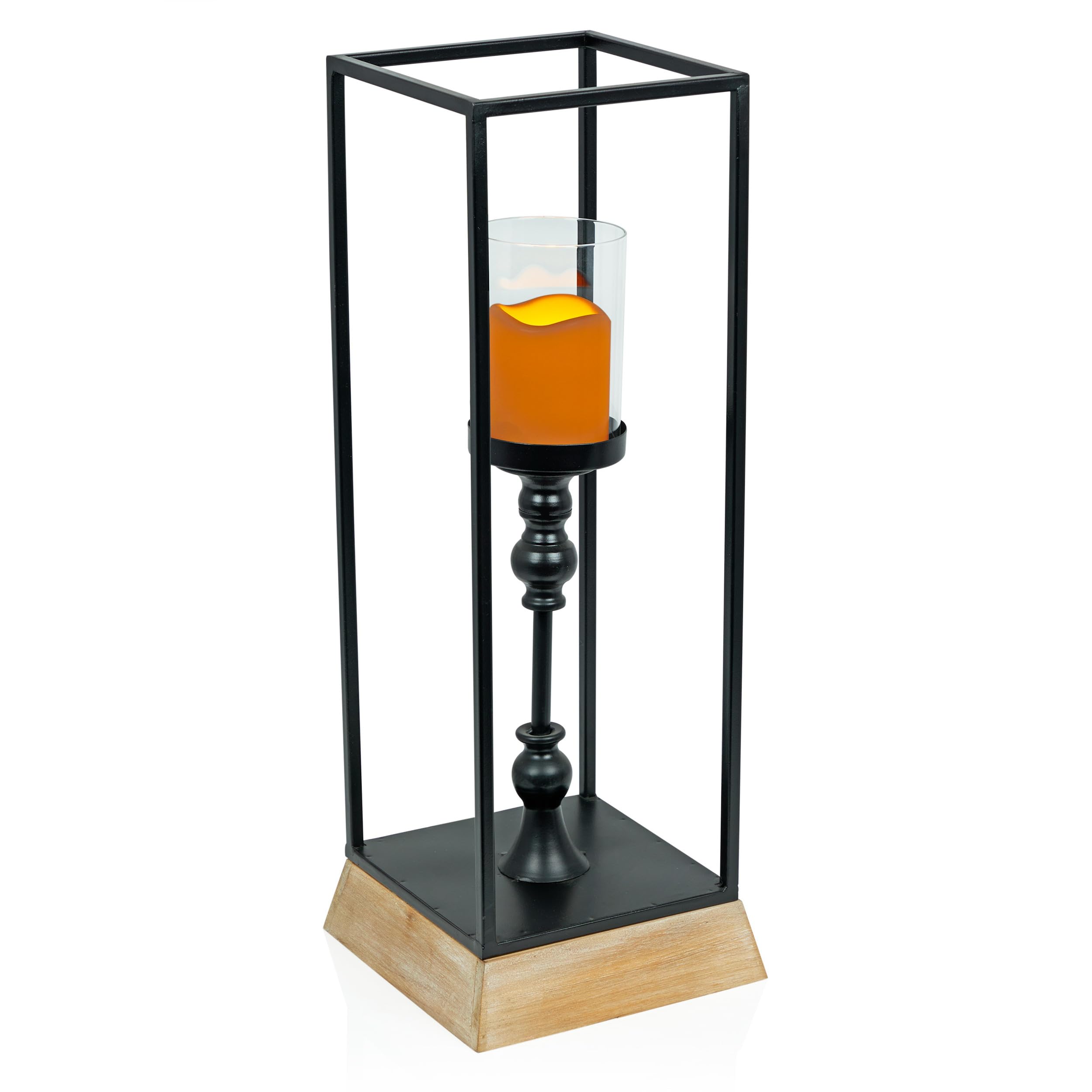 Alpine Corporation ILT104HH-S-BK Metal & Glass Decorative Lantern w/LED Candle & Timer, LED Home Decor, Small, 25 H, Black