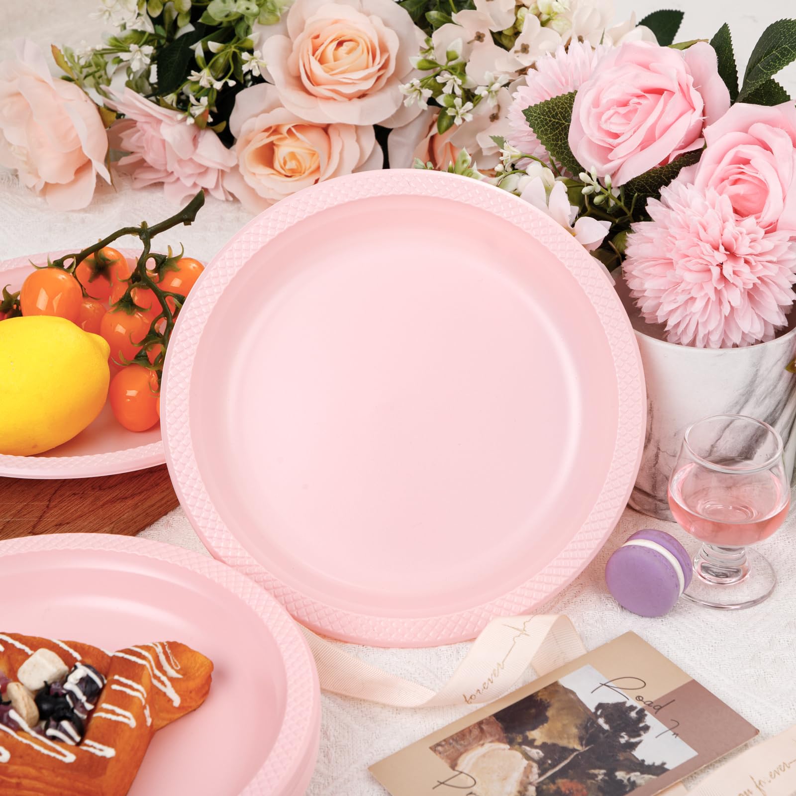 Wellife Pink Plastic Plates 9 Inch -150 Count For Party, Disposable Plastic Party Plates For Valentine'S Day Easter Baby Shower