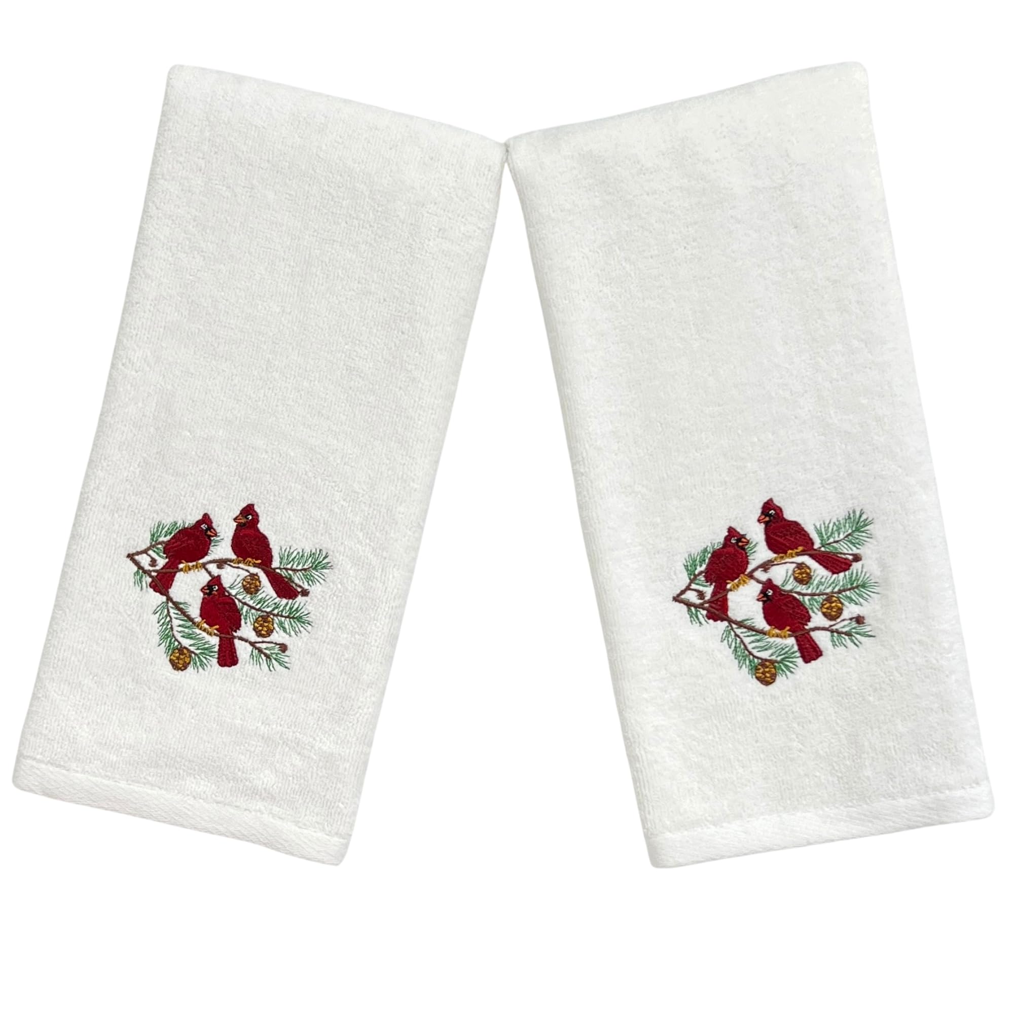 Christmas Hand Towels: Plush Velour Cotton With Embroidered Winter Cardinal Birds On Pine Tree, Set Of 2