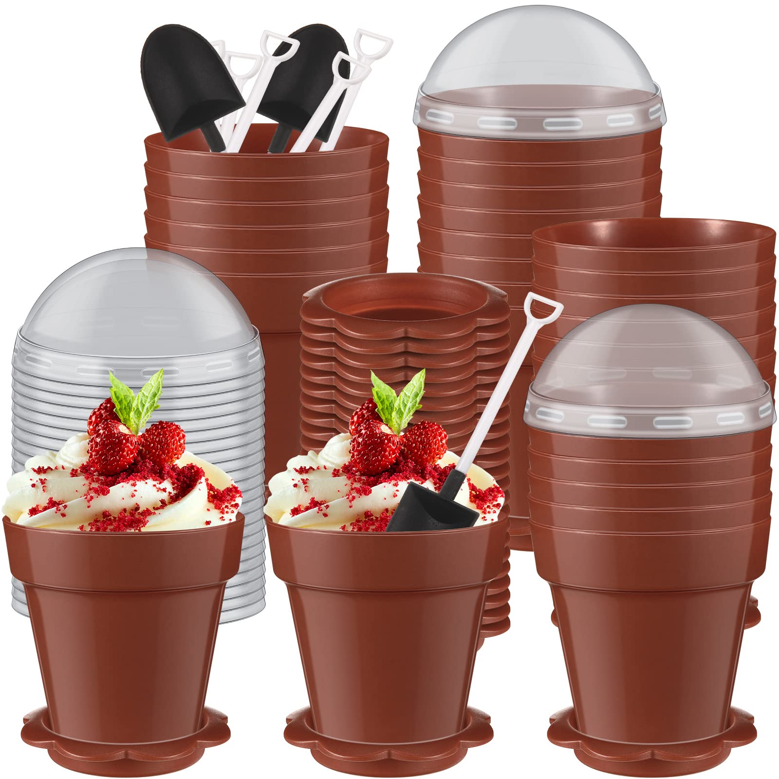 Honeydak 200 Pack Flowerpot Dessert Cup Plastic Cake Cups with Lid Shovel Spoon Bottom Tray Small Flower Pot Ice Cream Yogurt Co