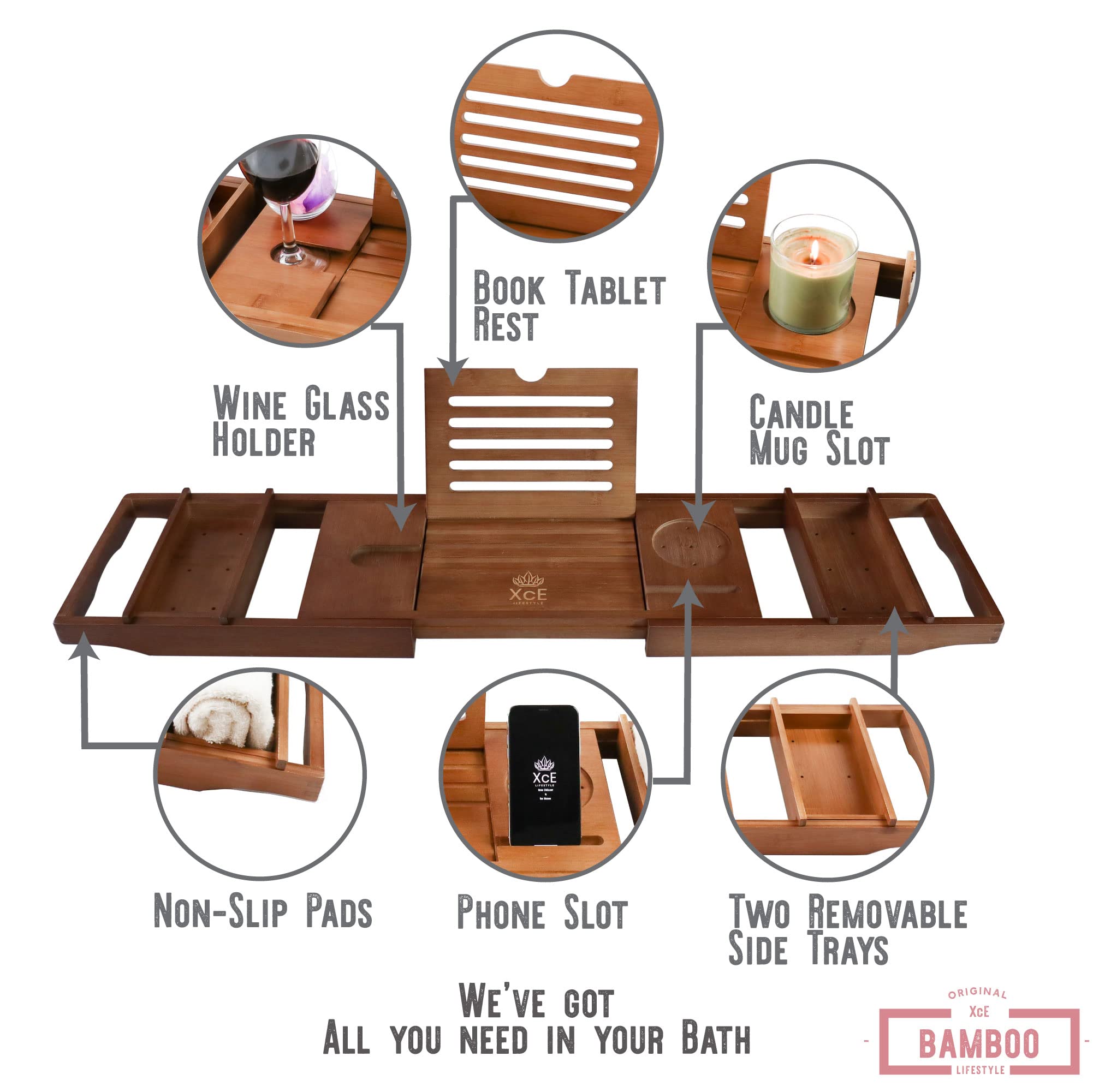 Xce Bathtub Caddy Tray Expandable To 105Cm With Bamboo Book Stand And Soap Tray, Brown