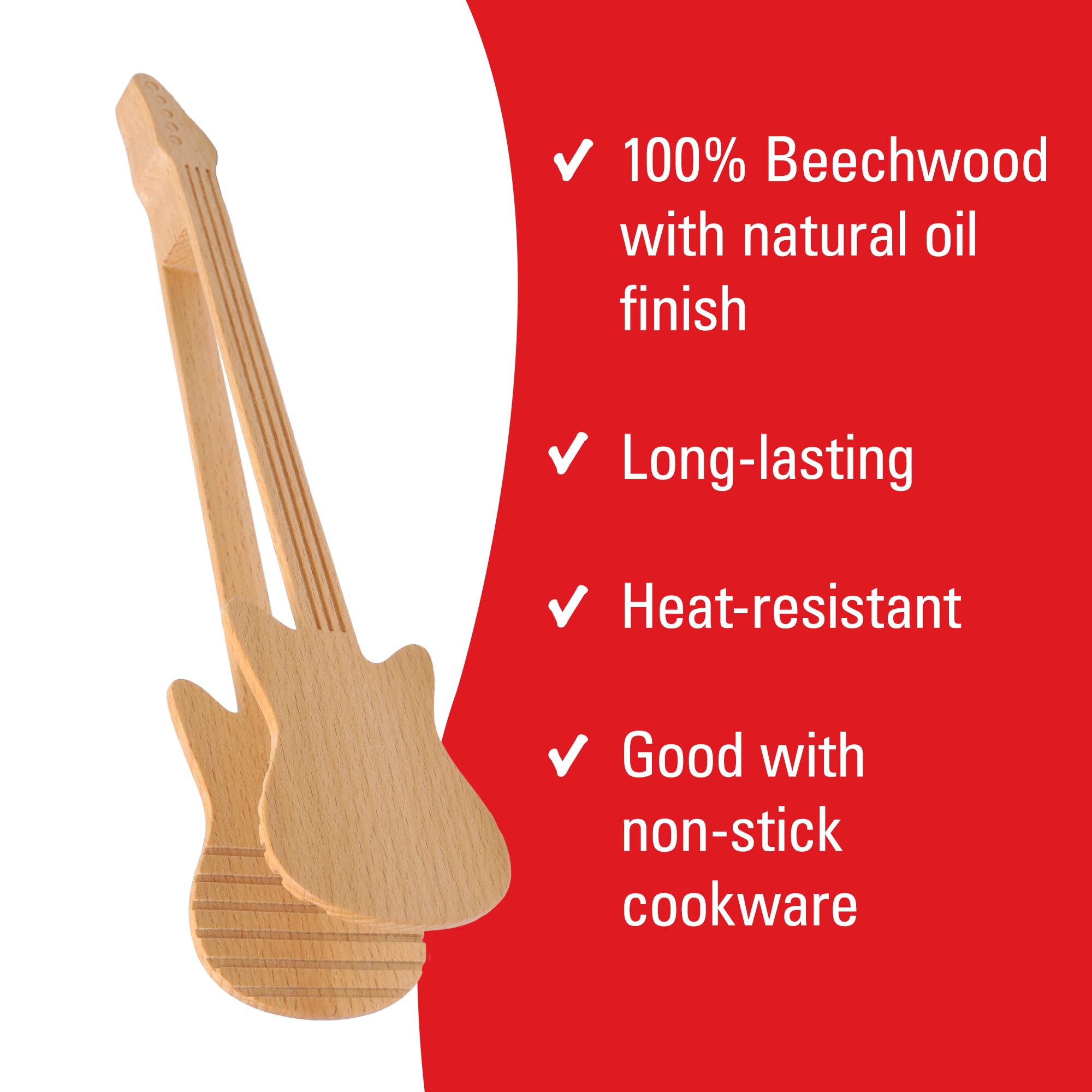 Kikkerland Novelty Guitar Wooden Tongs for Kitchen - Beechwood, Heat Resistant, Use with Non-Stick Cookware - Unique Gift for Mu