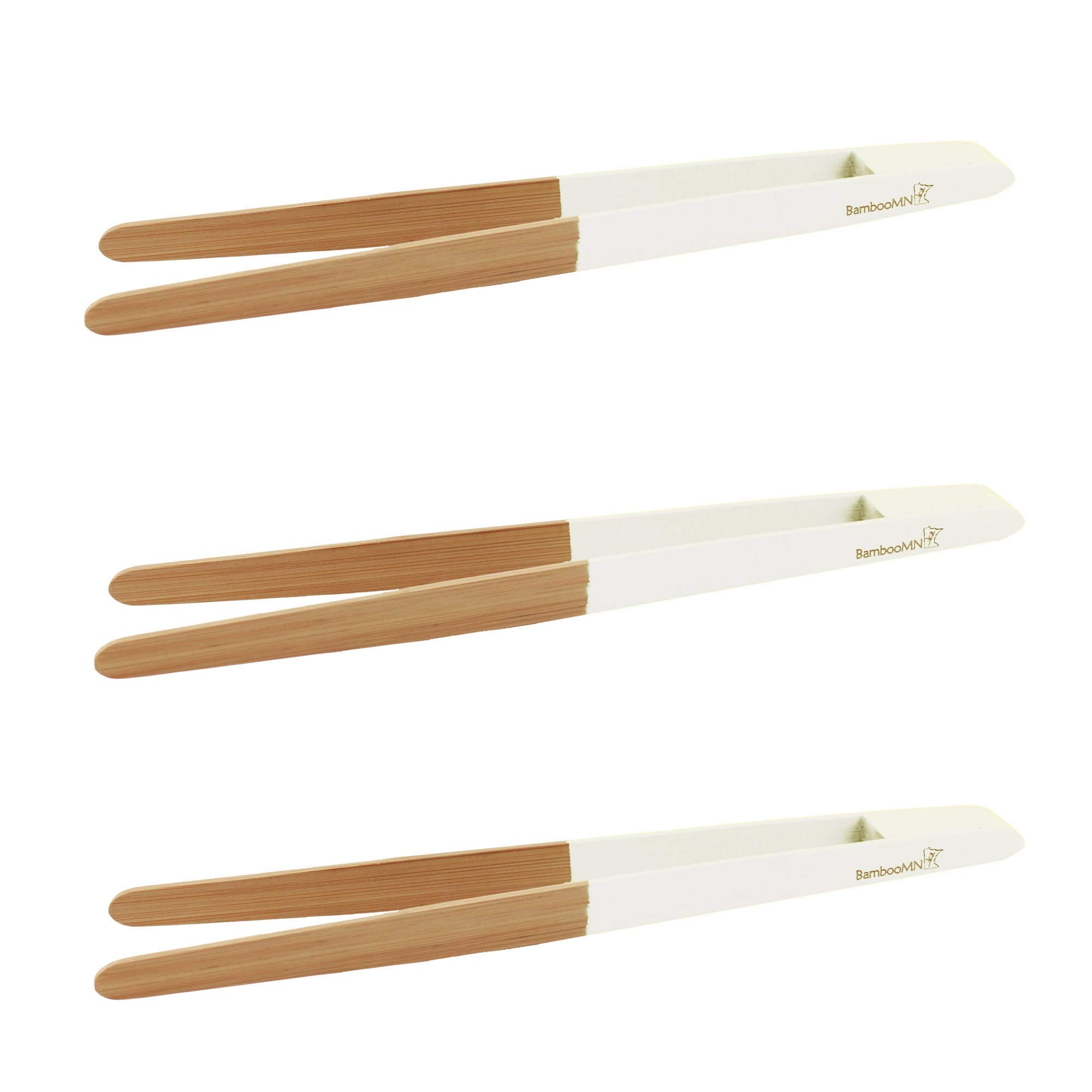 Bamboomn Premium 12'' Reusable Bamboo Kitchen ''A'' Toast Tongs For Cooking & Holding - White - 3 Pieces
