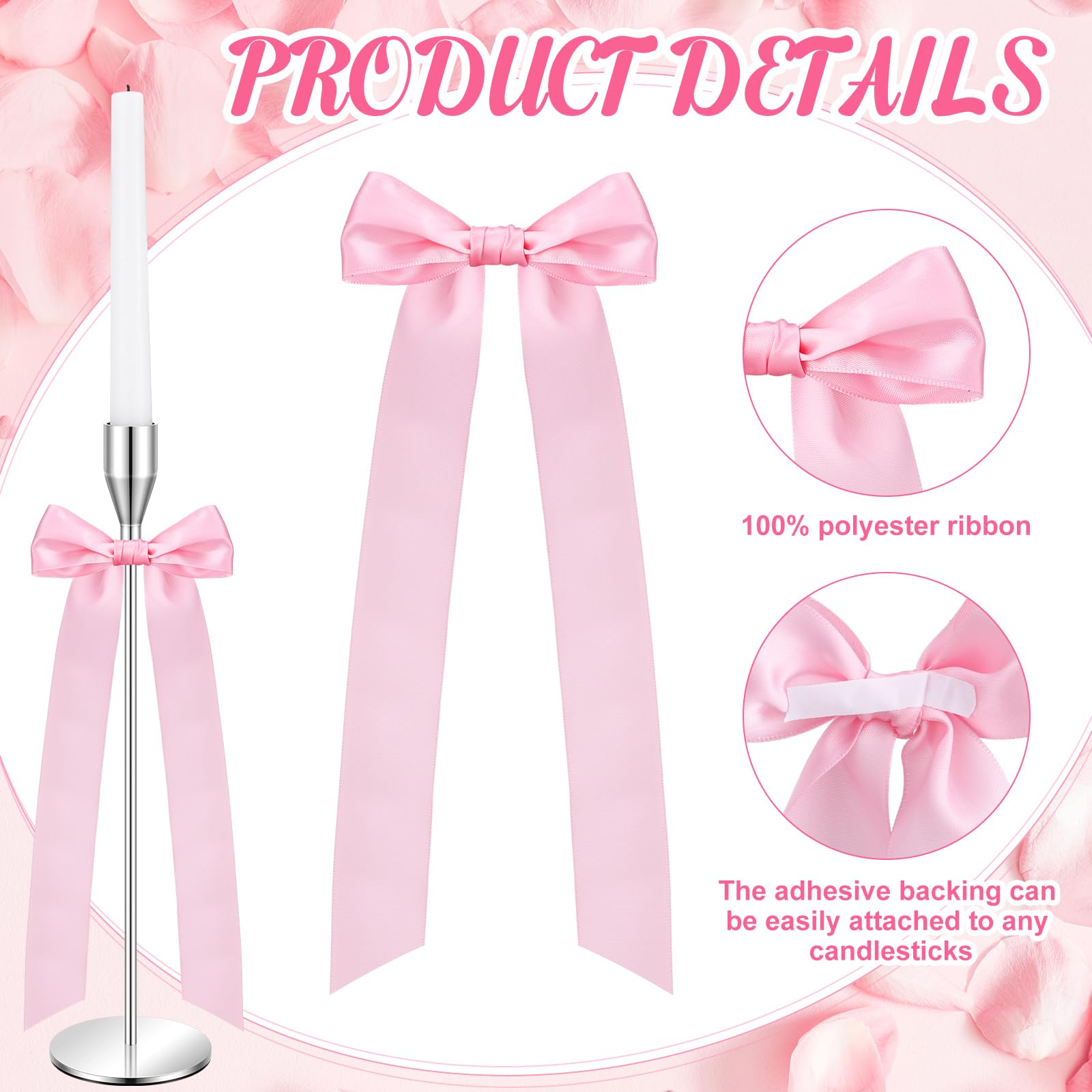 Teenyyou 12 Pcs Pink Christmas Candlestick Bows Decor 13 Inch Large Coquette Decorations Bows for Table Self Adhesive Candle Hol