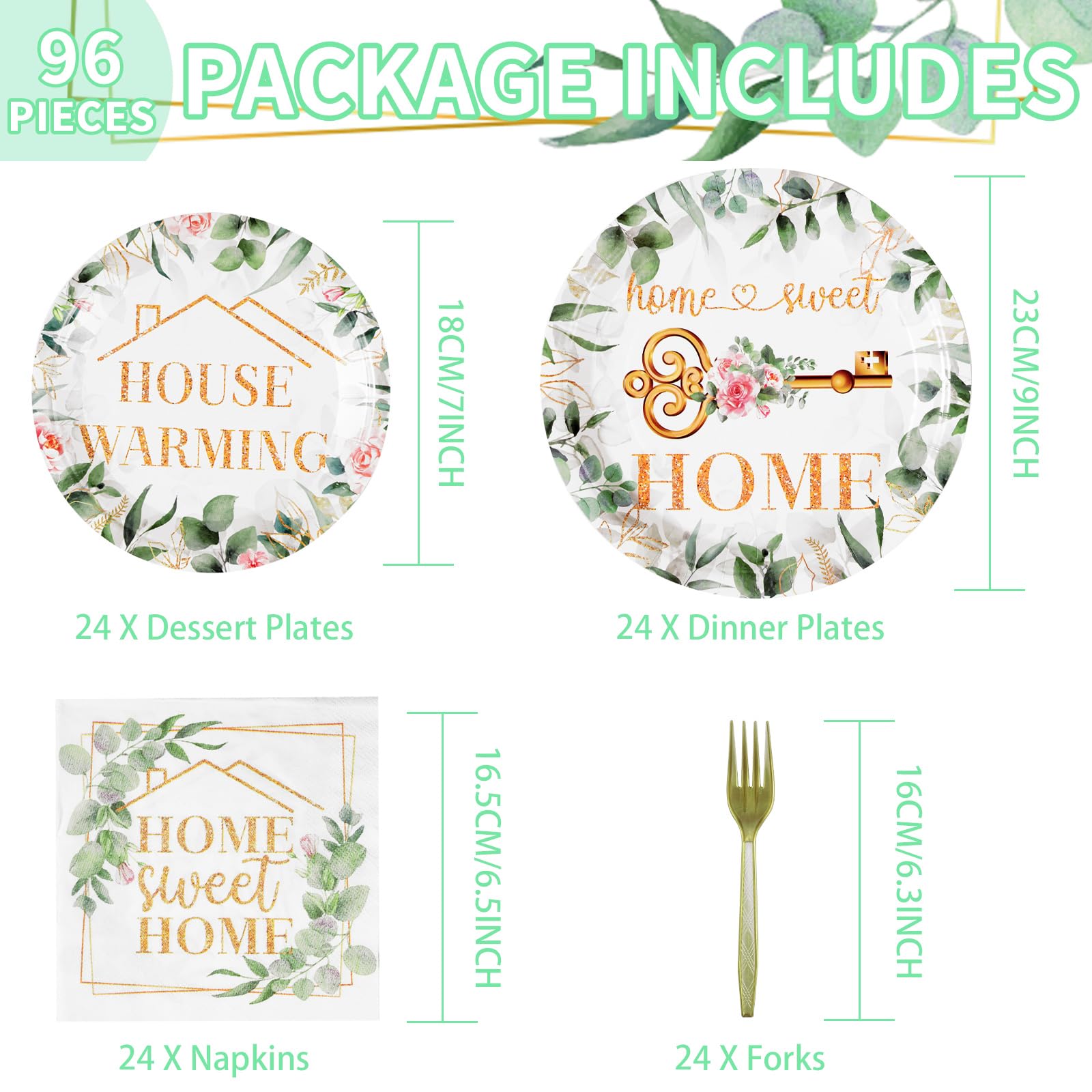 96Pcs House Warming Party Decorations Home Sweet Home Plates Disposable 350Gsm Green Leaves Pink Flower Gold House Warming Paper