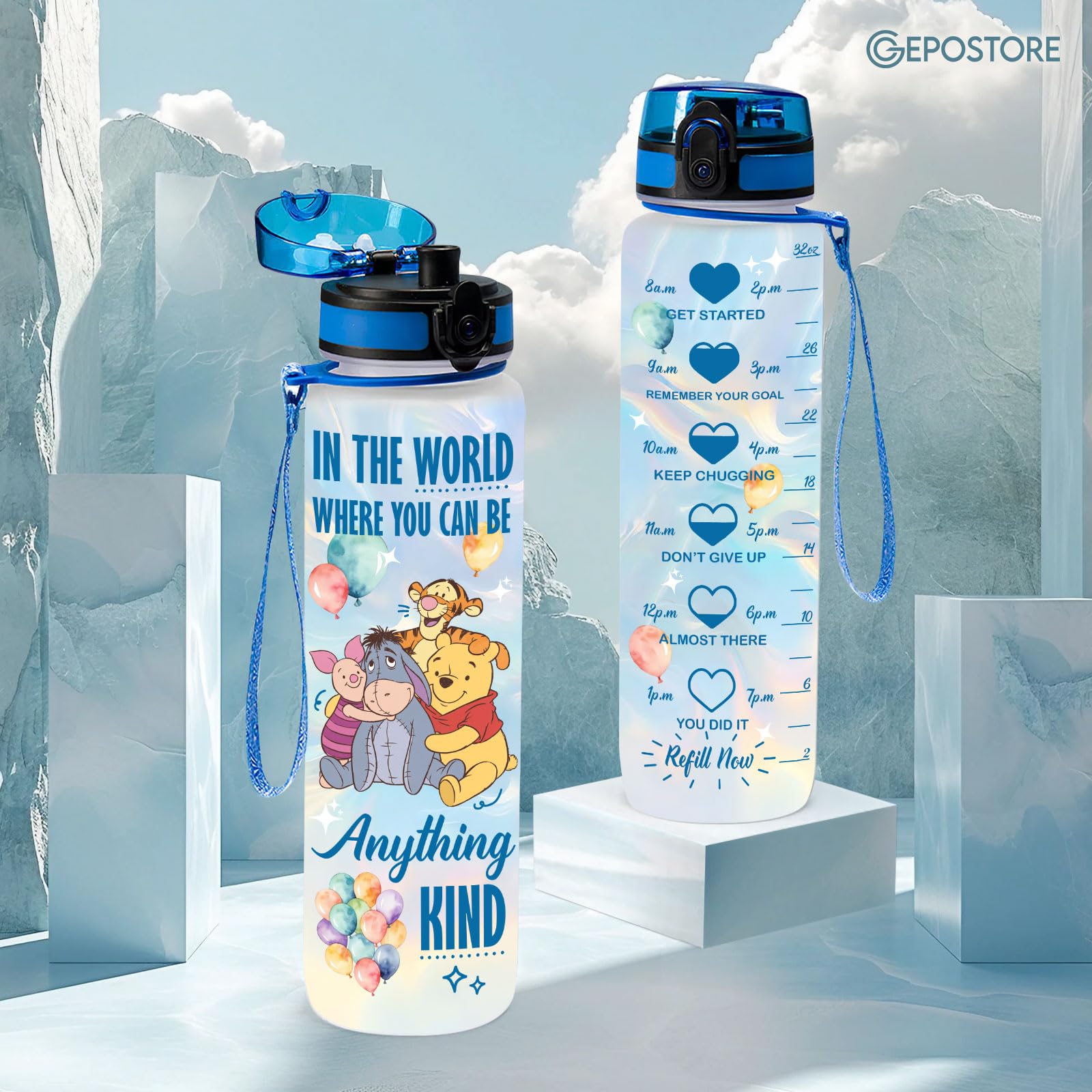 GEPOSTORE 32oz Water Bottle with Time Marker - Cute Cartoon Motivational Water Tracker Bottle for Kids Girls Women - BPA-Free Le