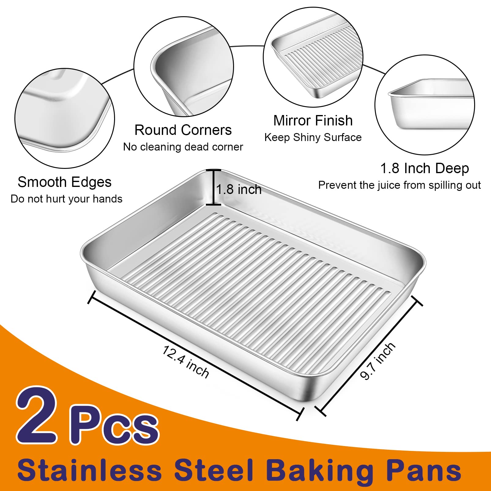 12.4 Inch Deep Baking Pan Set Of 2, P&P Chef Stainless Steel Sheet Cake Lasagna Pan For Toaster Oven, Rectangle Baking Trays For