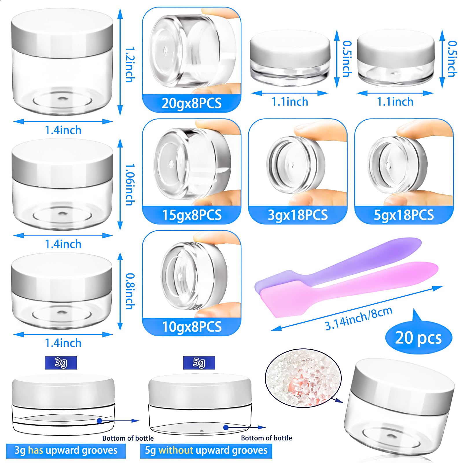 Motbach 60Pcs Makeup Travel Containers With Lids, 3/5/10/15/20 Gram Empty Plastic Containers With Lids, Makeup Sample Containers