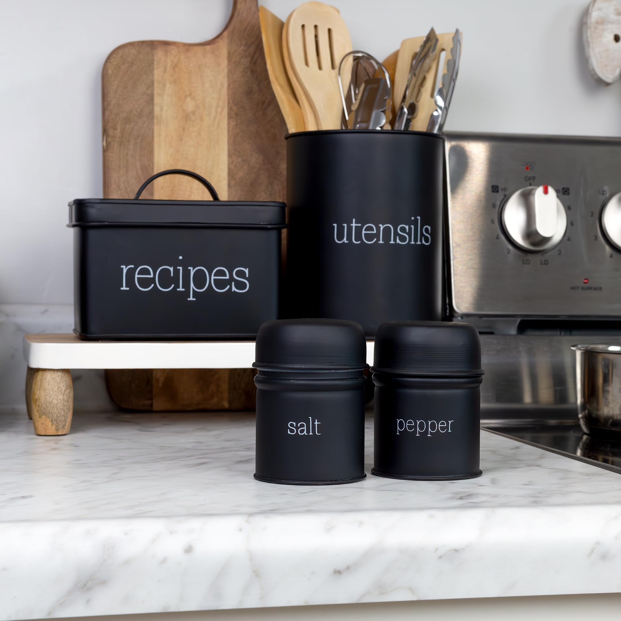 Auldhome Salt And Pepper Shaker Set (Black) Contemporary Modern Farmhouse Retro Enamel Style Shaker Set