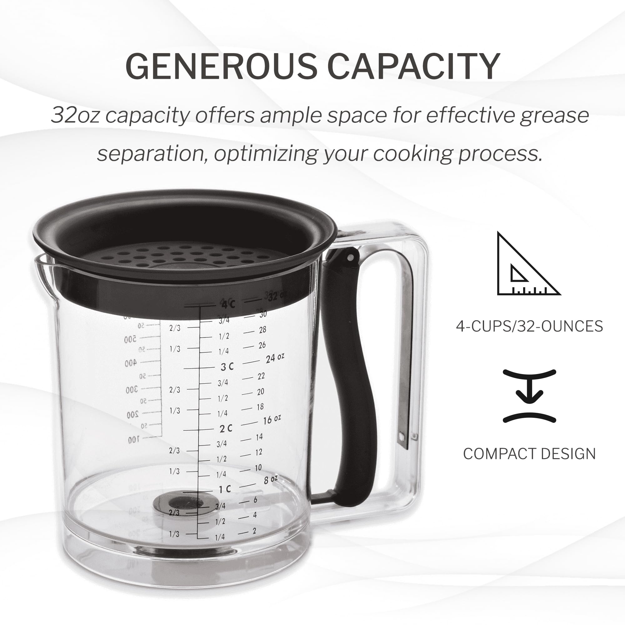 Amco 32Oz Grease Separator With Bottom Release | Dishwasher Safe | Innovative Design For Mess-Free Pouring | Incremental Measure