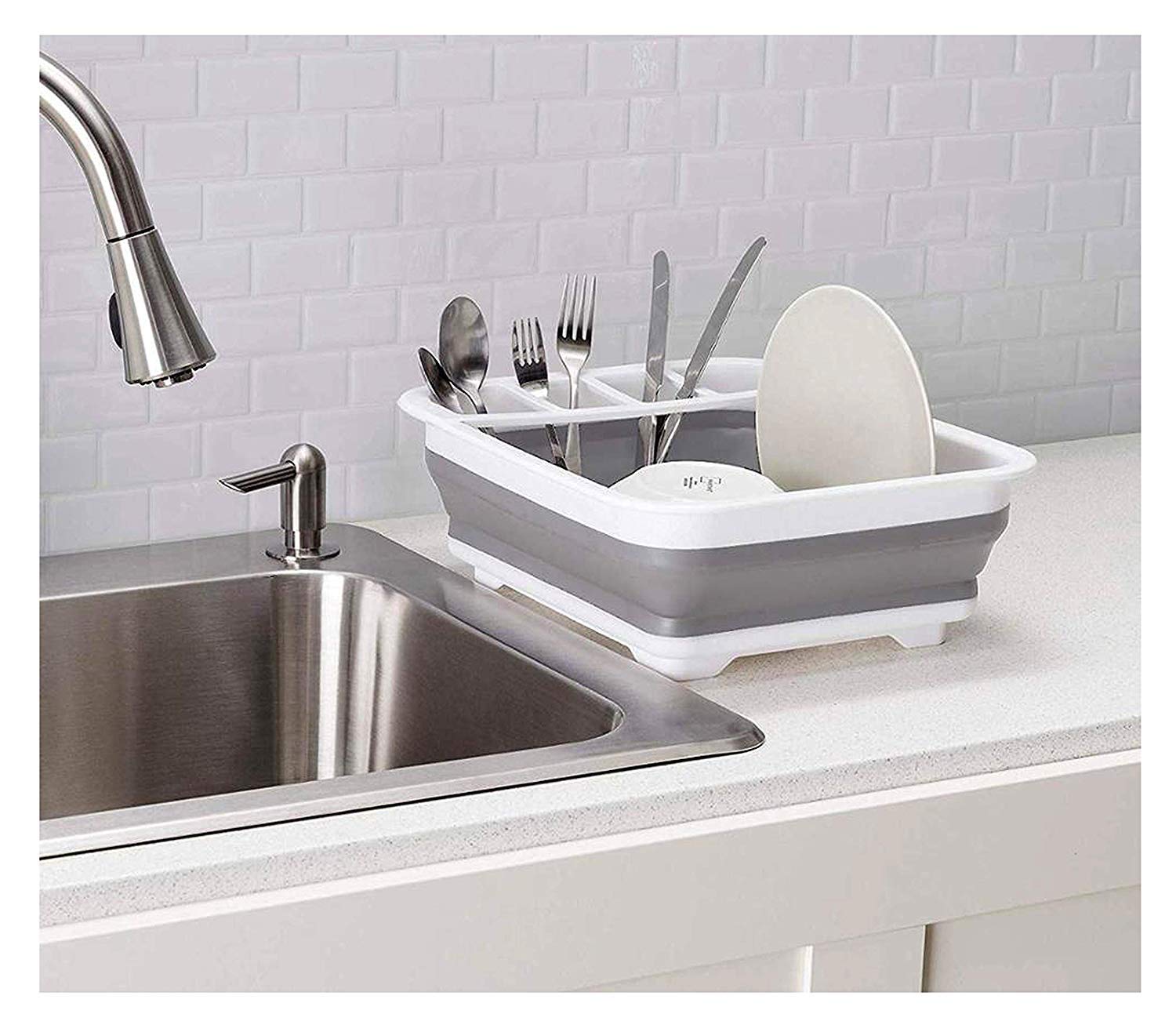 Veniva Collapsible Dish Drying Rack With Utensil Holder, Foldable Tray Organiser, Grey And White, 36.5 X 31 X 12.5 Cm