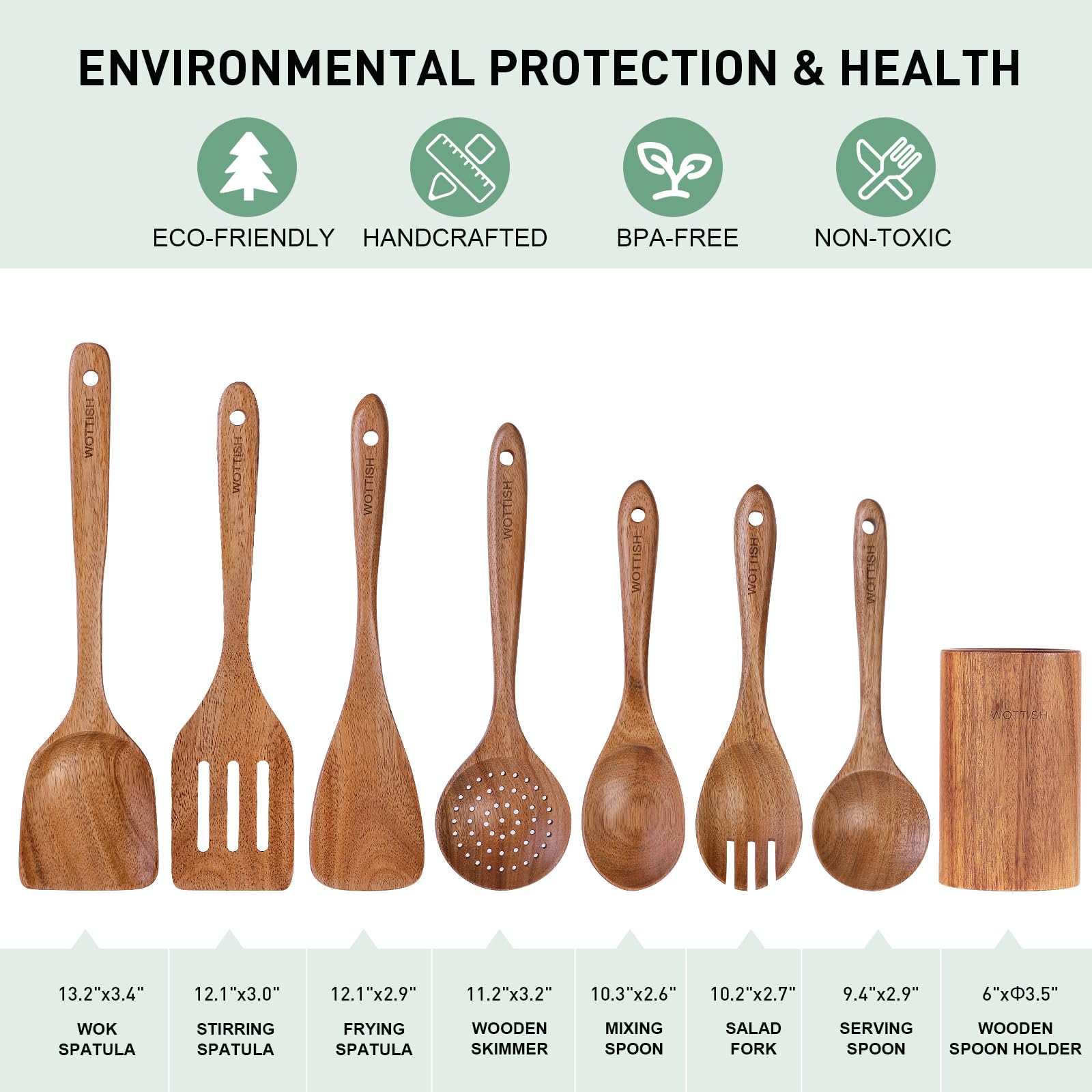 Wooden Spoons For Cooking - 8-Piece Wooden Kitchen Utensil Set Made Of Natural Solid Wood Material - Includes Spoons, Spatulas,