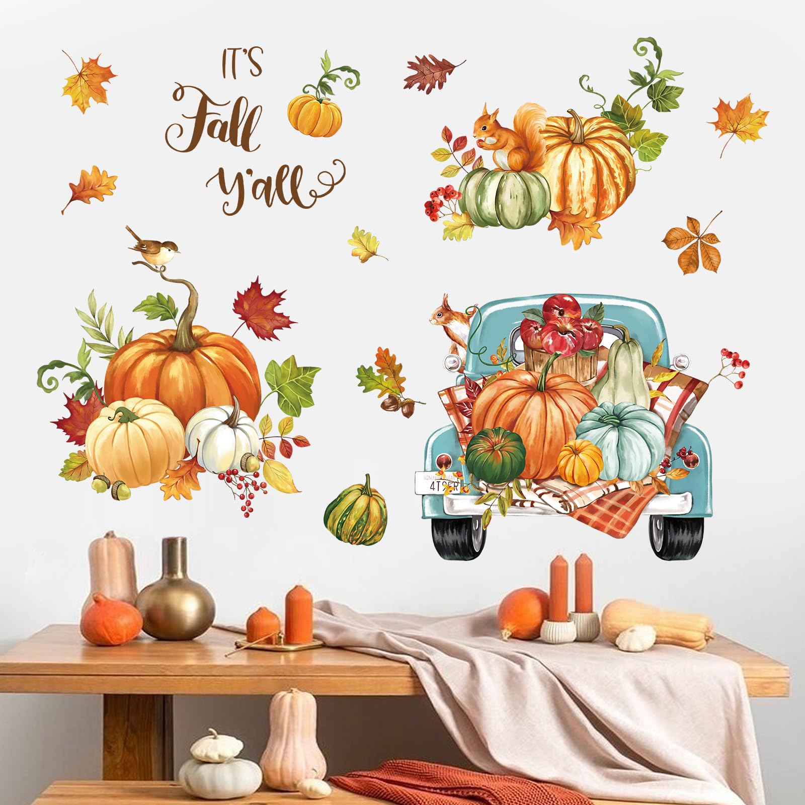 Wondever Fall Thanksgiving Pumpkin Wall Stickers Autumn Leaves Truck Peel And Stick Wall Art Decals For Kitchen Dining Room Bedr