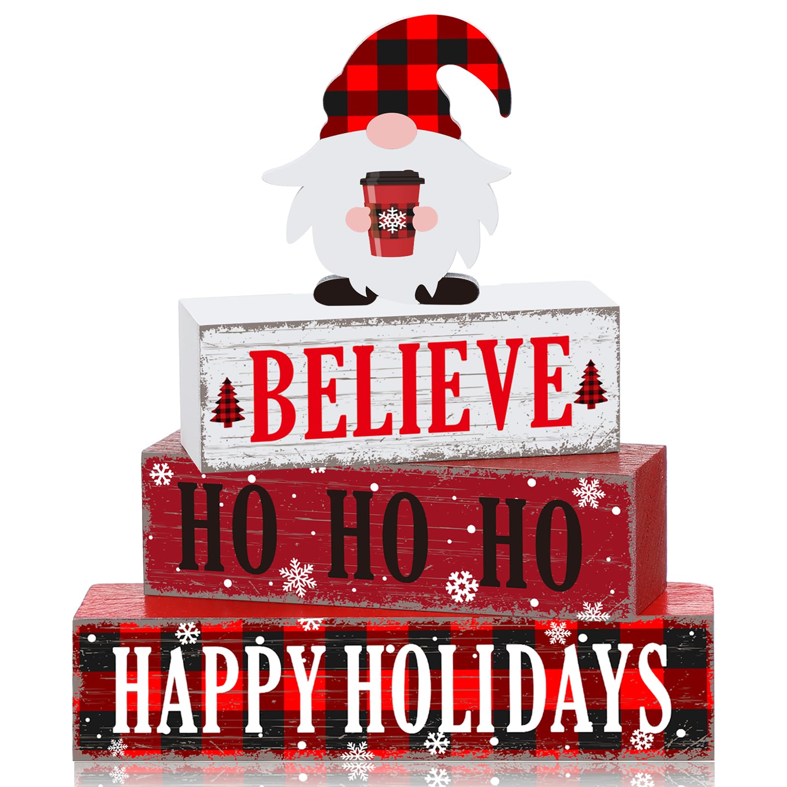 Geelin 4 Pcs Christmas Wooden Table Decorations Xmas Red and White Buffalo Plaid Signs Rustic Happy Holiday Tiered Tray Decor Xm