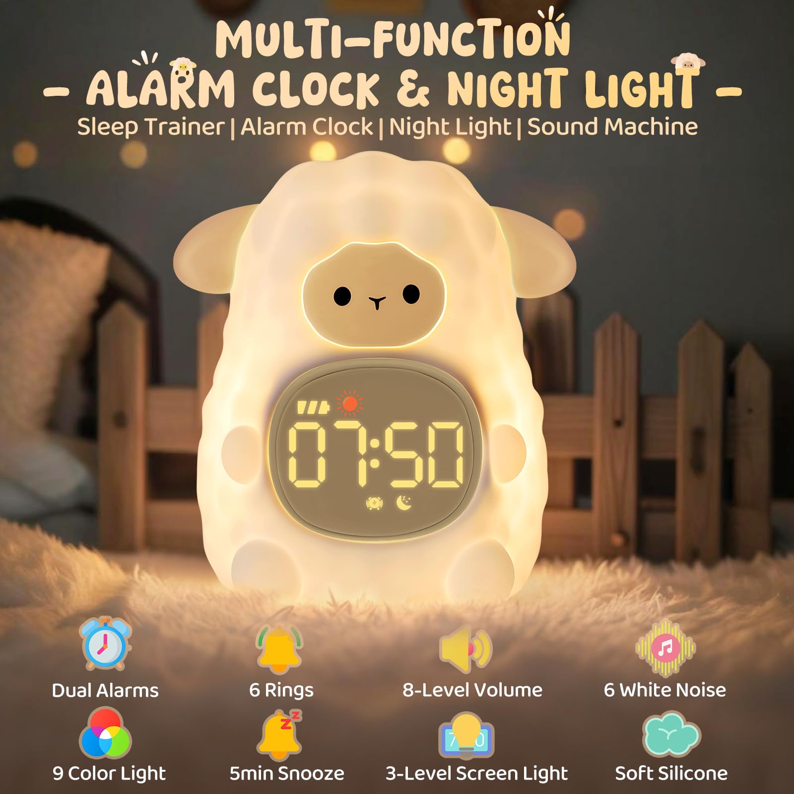 Sheep Alarm Clock with Night Light for Kids with Sleep Training and Sound Machine, Rechargeable Silicone Lamp OK to Wake Clock,C