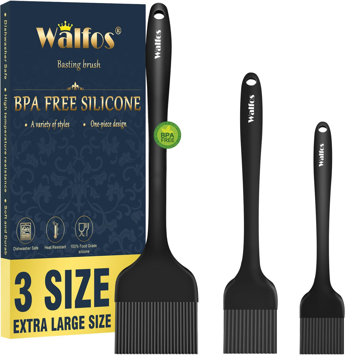 Walfos 3 Size Basting Brush, High Heat Resistant Silicone Pastry Brushes For Barbecue, Baking, Kitchen Cooking, Desserts- Strong