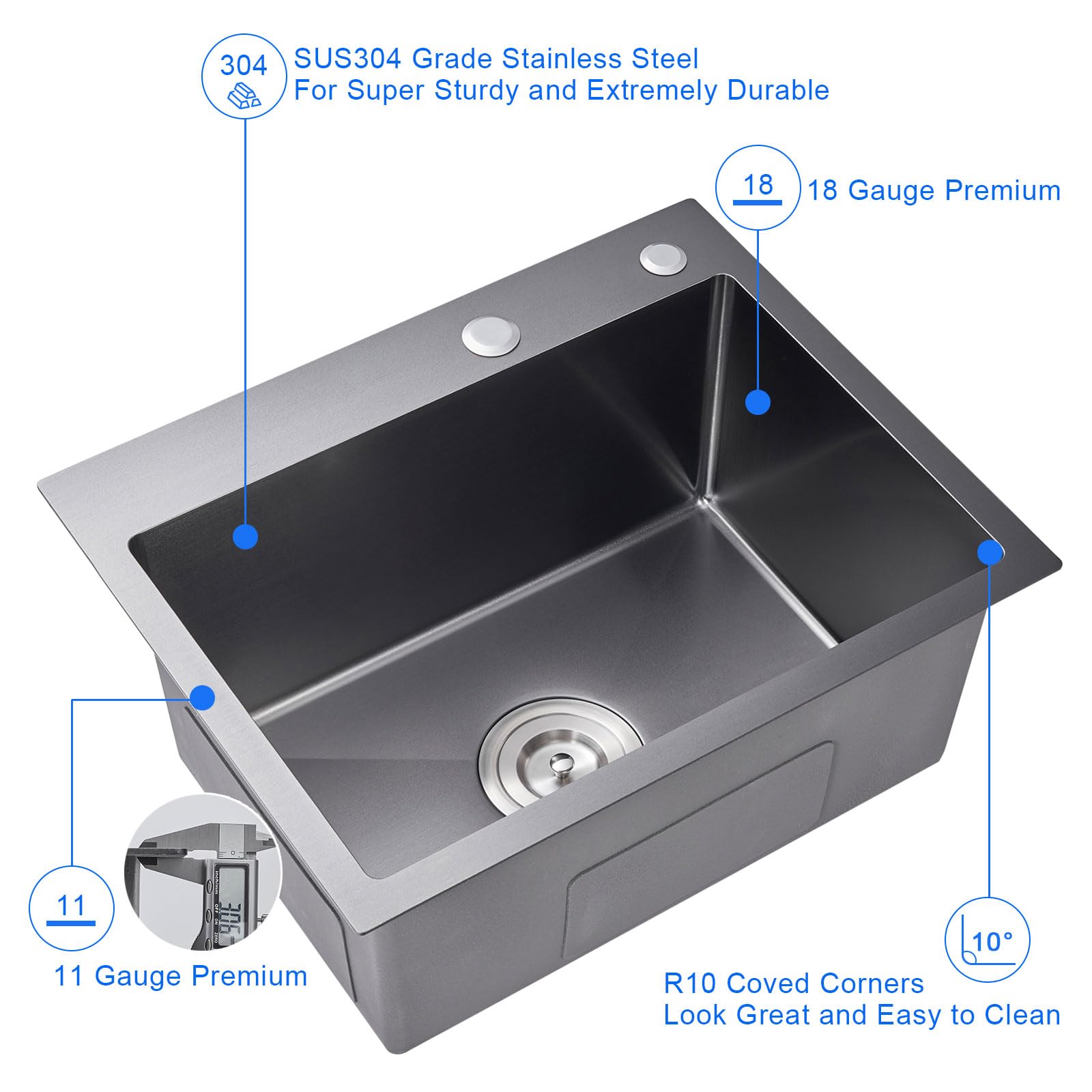 Menatt Commercial 22 X 18 Inch Drop In Single Bowl Kitchen Sinks, 22 Inch Sus304 Stainless Steel Handmade Topmount Kitchen Sink