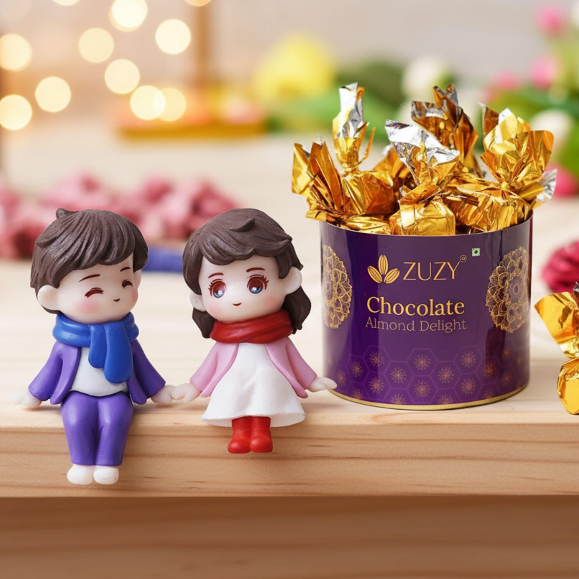 Ecraftindia Valentine Gift For Girlfriend Boyfriend Cute Boy And Girl Sitting Couple Statue Decorative Showpiece | Zuzy Almond C