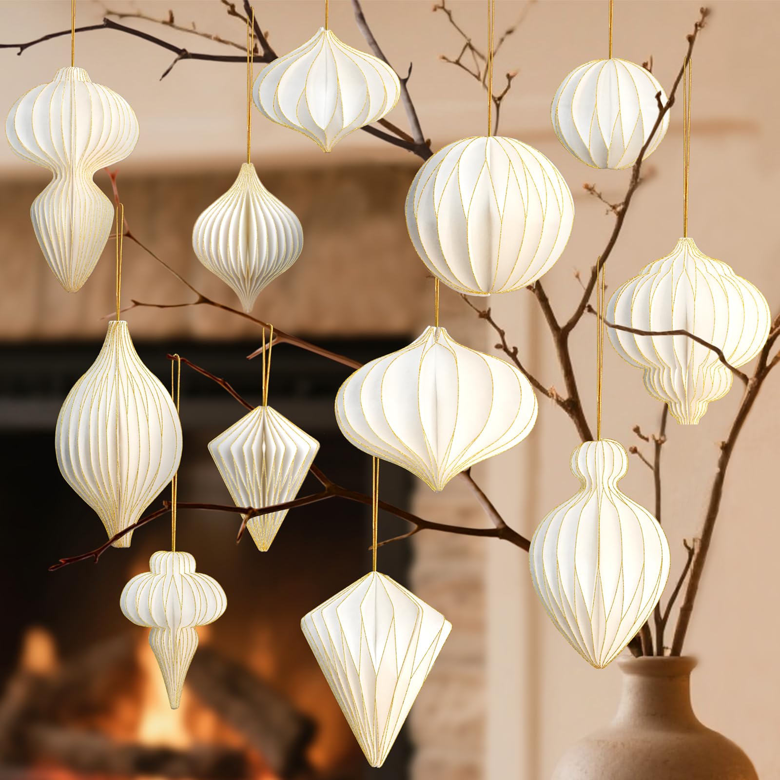 12 Pcs Christmas Paper Honeycomb Ornaments for Tree, 3D Glitter Edge Paper Honeycomb Lanterns Foldable Hanging Decorations for X