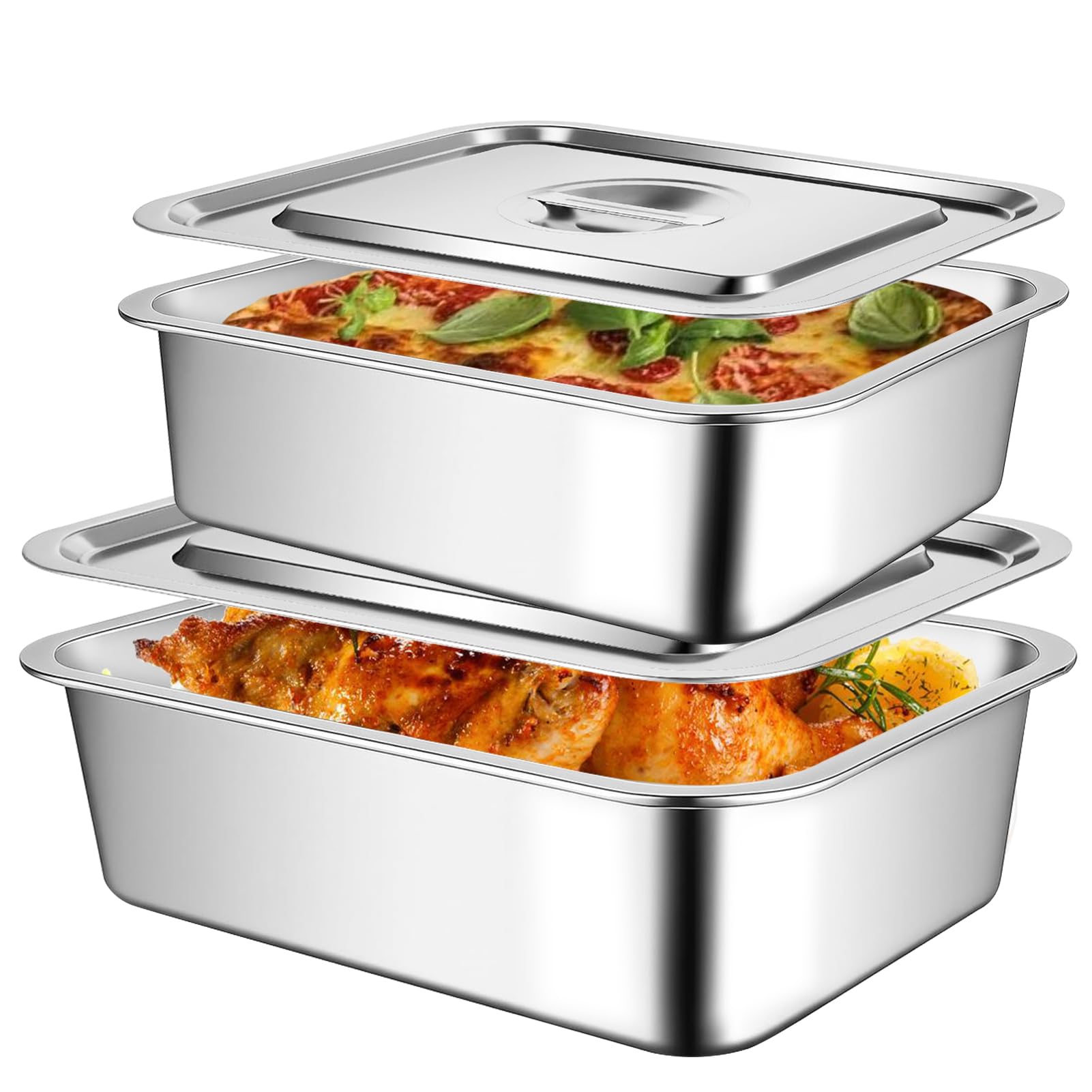 2 Pack 4 Inch Extra Deep Lasagna Baking Pan with Lid, 11x14.2 7.4qt & 8.6x12.5 4qt Rectangular Stainless Steel Nonstick Larg