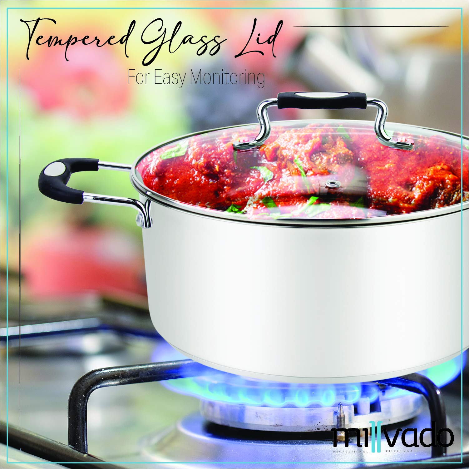 Millvado Stainless Steel Casserole Pot, Large Steel Dutch Oven, Boiling Pot For Soup, Spaghetti, Braising, 12.6 Quart Induction