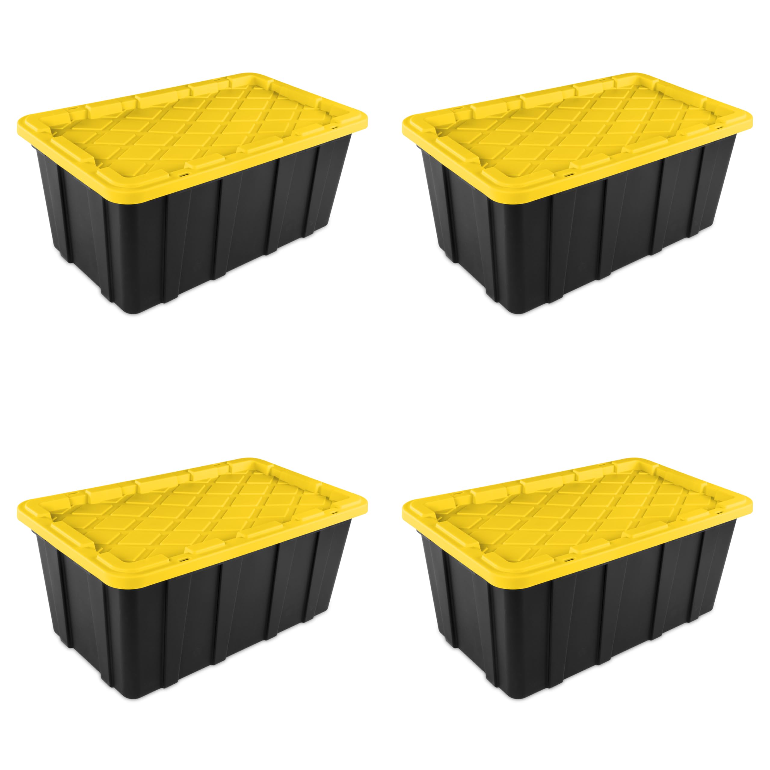 Sterilite 38 Gal Industrial Tote, Stackable Storage Bin With Snap-Fit Lid For Garage, Basement & Attic Storage, Black Base And Y