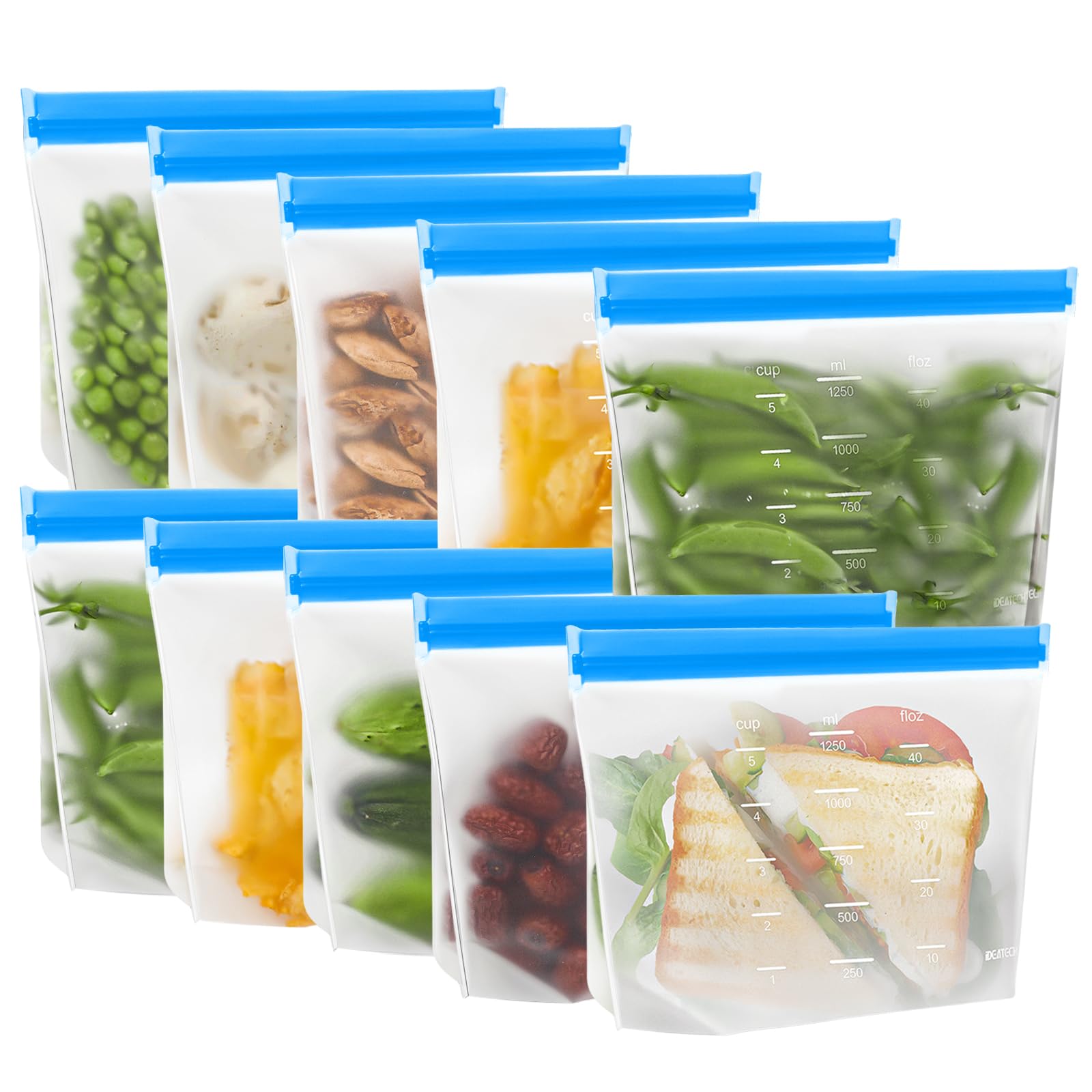 IDEATECH Reusable Sandwich Bags Dishwasher Safe, Quart Freezer Bags Stand Up, Leakproof & BPA Free Reusable Storage Bags for Foo