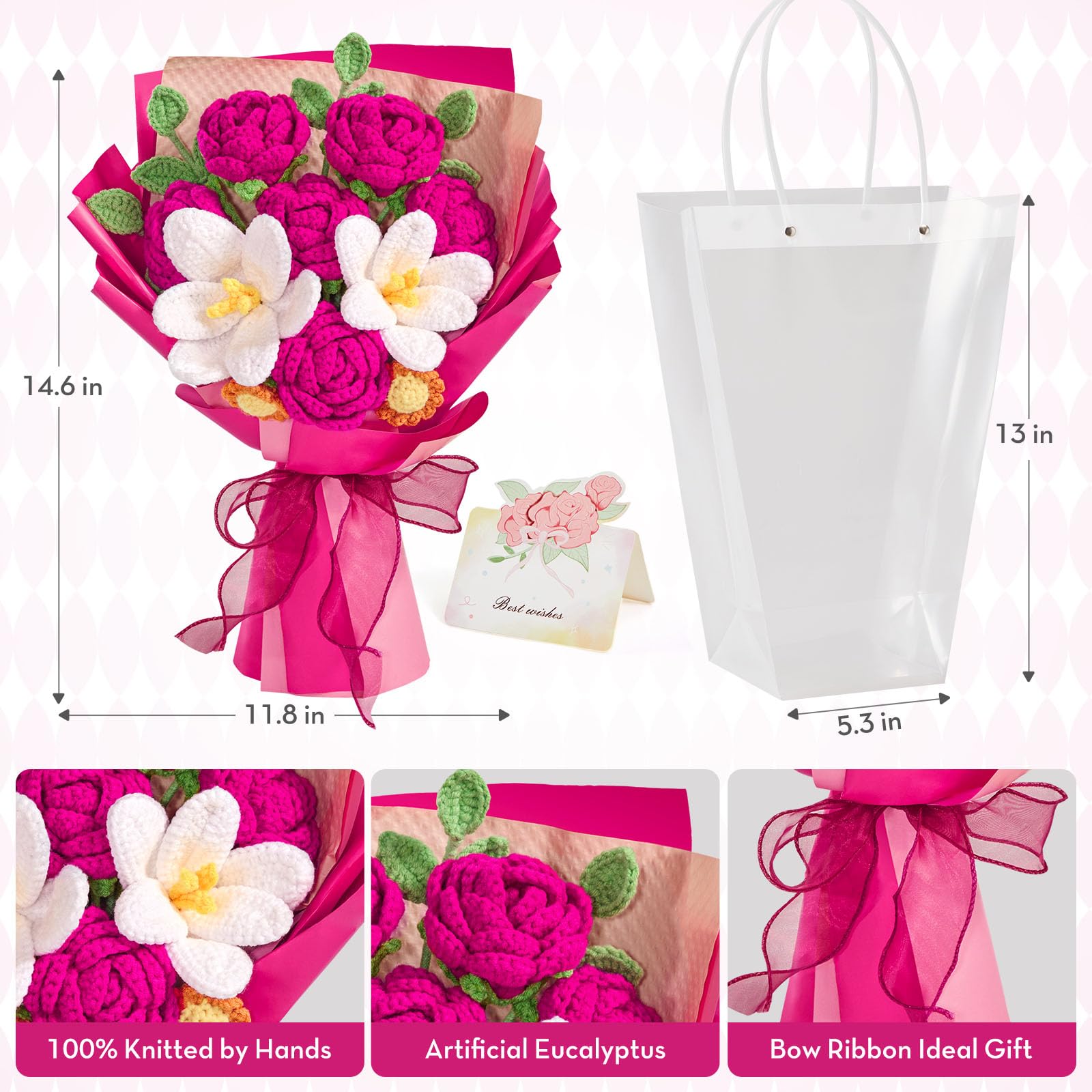 Alecono Crochet Flower Bouquet, Hot Pink Knitted Flowers, Crochet Tulip Rose Flower for Lover Anniversary Birthday Party Mother