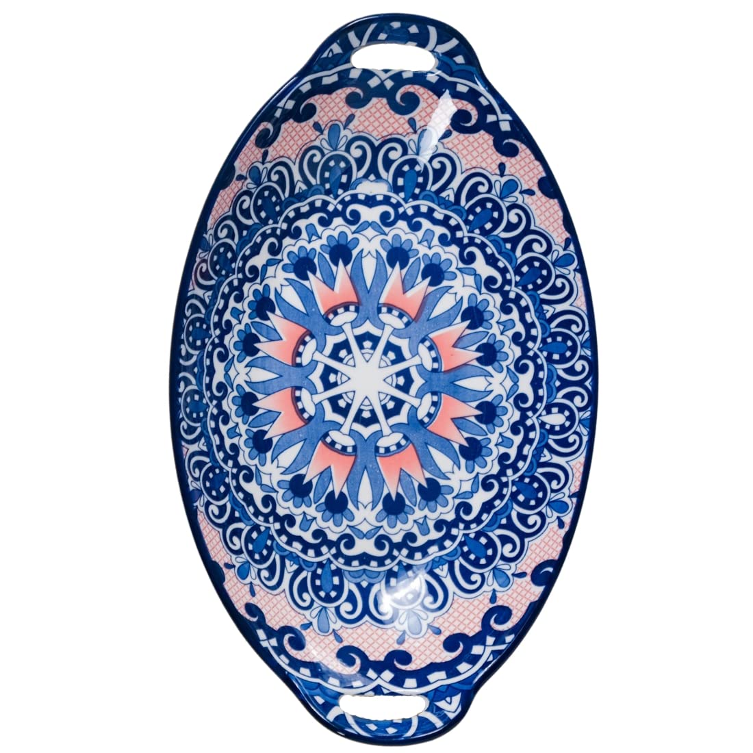 Nestasia Blue Mandala Ceramic Long Dish with Handles for Serving Snacks, Appetizers, Salads, and Noodles| Microwave Safe, Dishwa