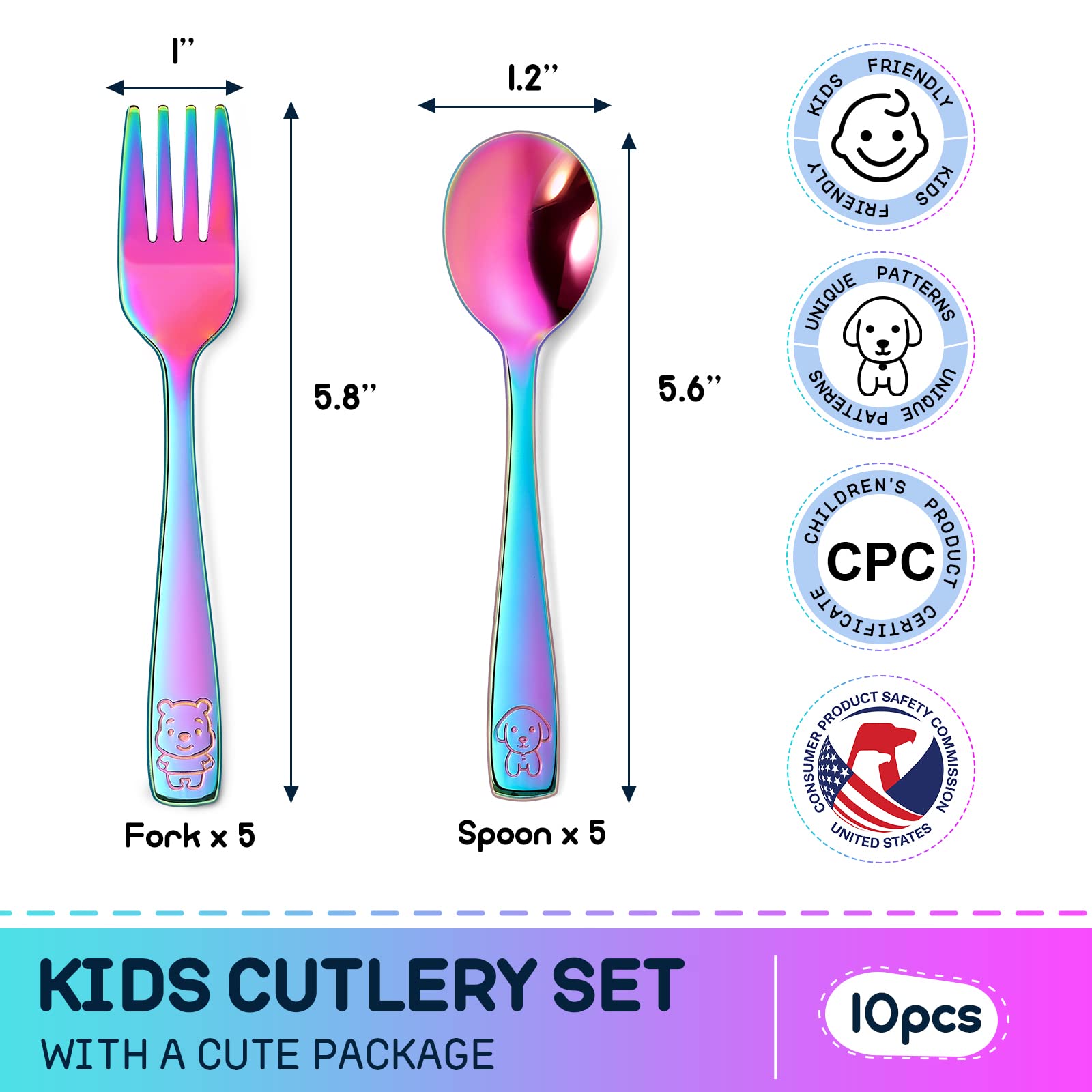 VITEVER 10 Pack Toddler Utensils, Stainless Steel Rainbow Silverware Set for Kids, Children Safe Cutlery Set Includes Forks and