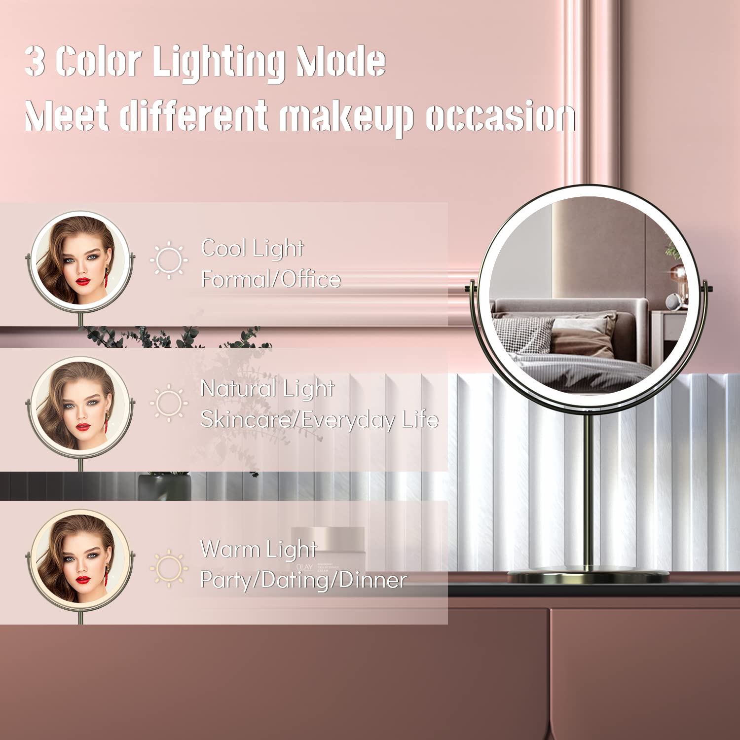 8'' Lighted Makeup Mirror with Magnification  1X/10X Magnifying Lighted Vanity Mirror  Double Sided 360 Swivel USB Rechargeable  3 Colors Dimmable Lightning Mirror with 52 LEDs Brush Nickle