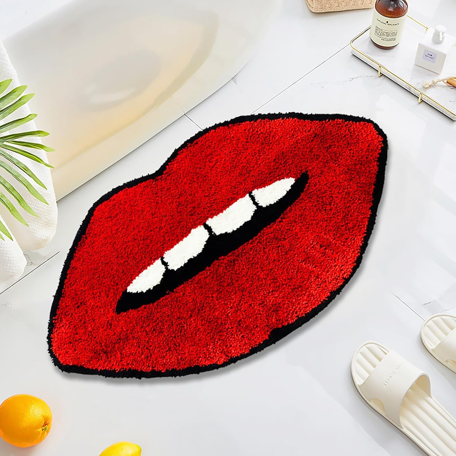 Gavi Enterprise Red Lips Design Bathroom Mat, Decorative Bath Rug, Black And Red, Fun Cartoon Bathroom Decor, Lips Shaped Absorb