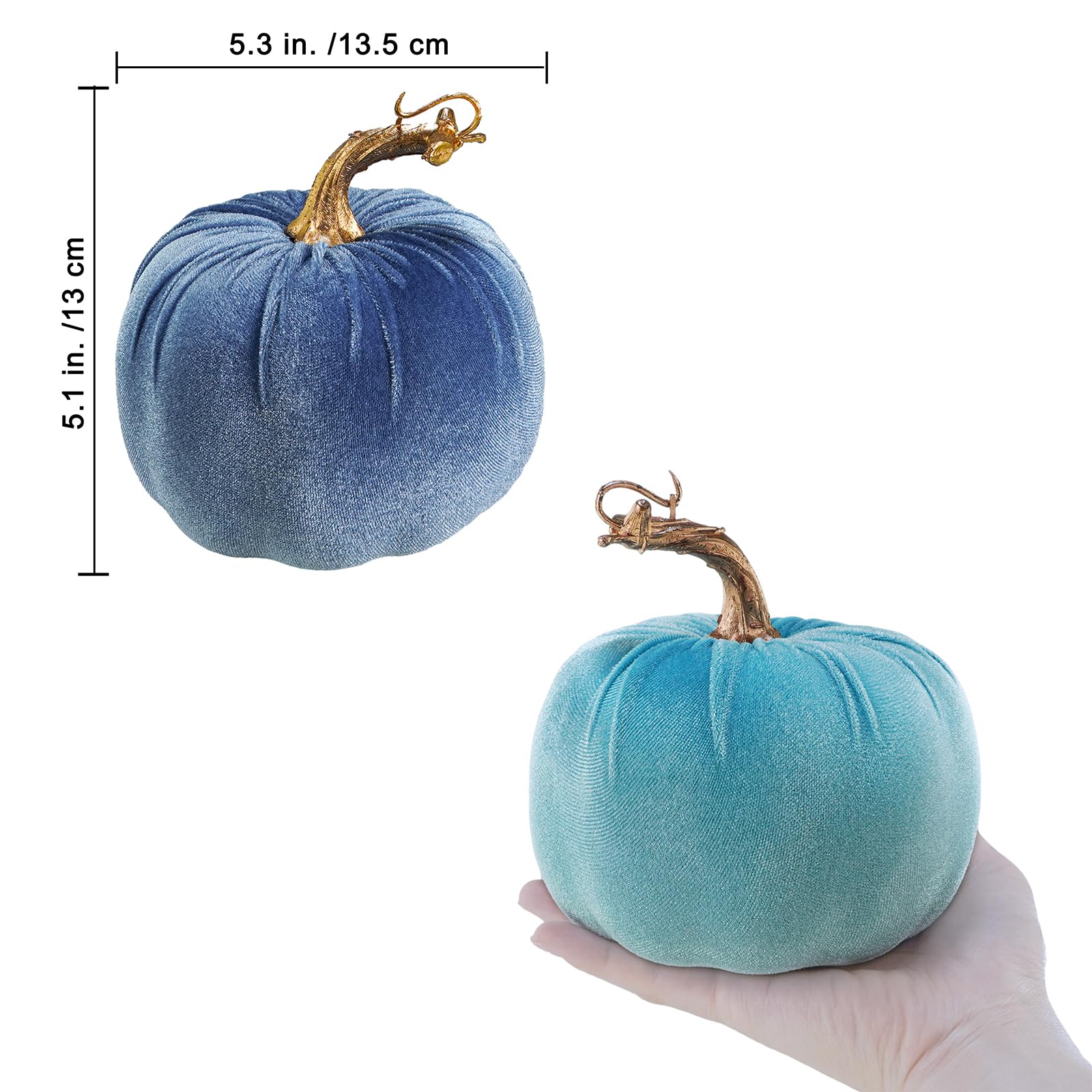 Winlyn 4 Pcs Assorted Blue Faux Velvet Pumpkins Decorative Harvest Pumpkins Fabric Foam Pumpkins for Farmhouse Fall Wedding Hall