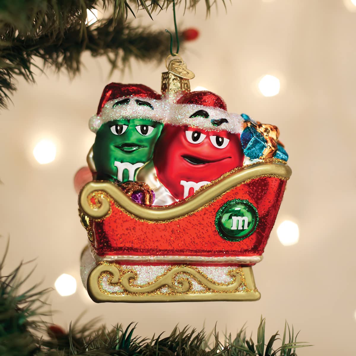 Old World Christmas M&M S in Sleigh Glass Blown Ornament for Christmas Tree, Handcrafted Holiday Decoration, M&Ms Collection