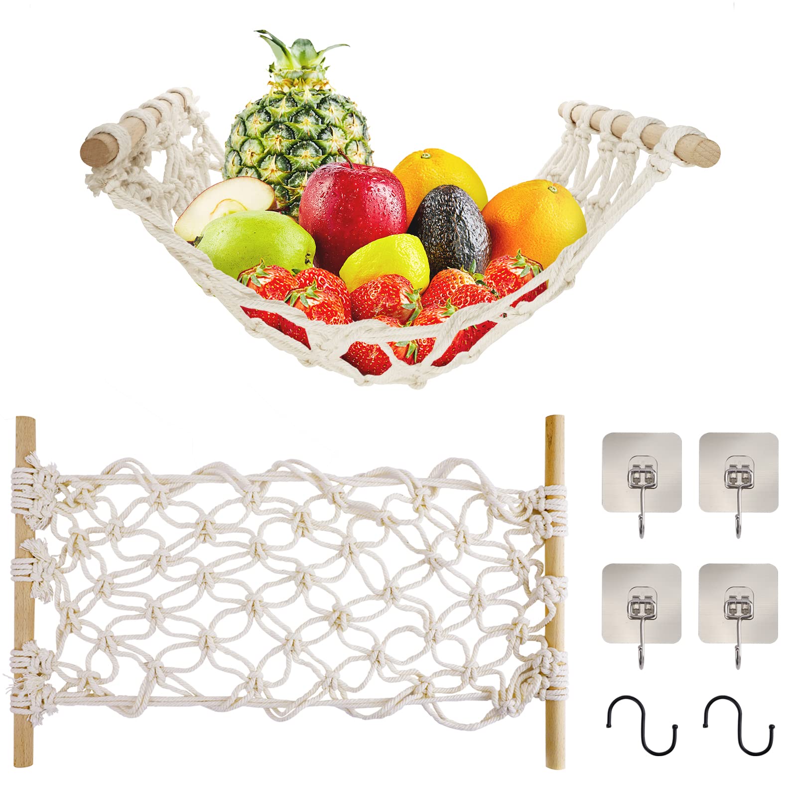 Fruit Basket Hammock Under Cabinet Adhesive, Woven Vegetable Hanging Basket, Fruit Storage For Kitchen With Banana Hooks, Mesh F