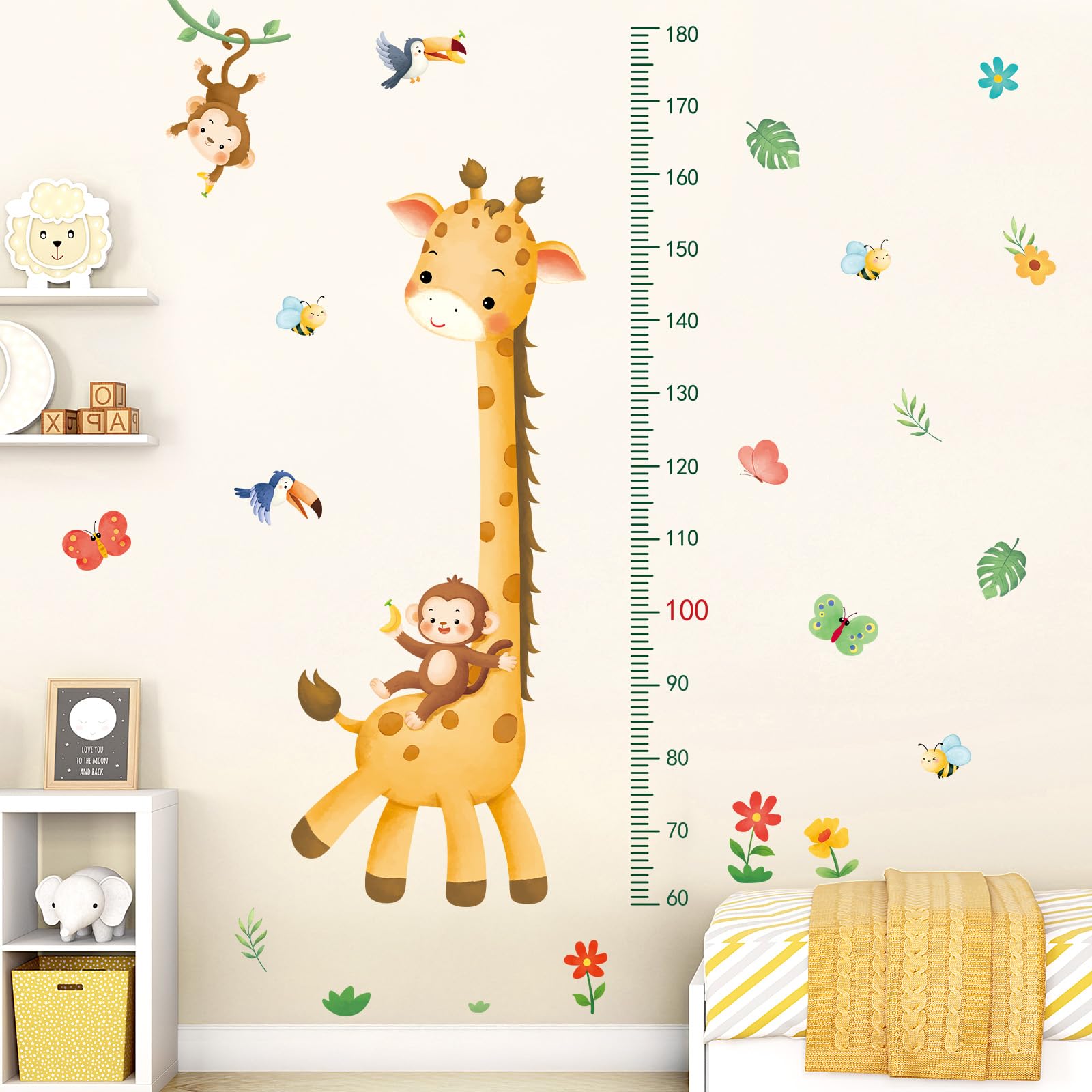 SHUCHING Giraffe Height Growth Chart Wall Decal Peel and Stick, Vinyl Cartoon Height Chart Wall Sticker, Wall Decor for Baby Nur