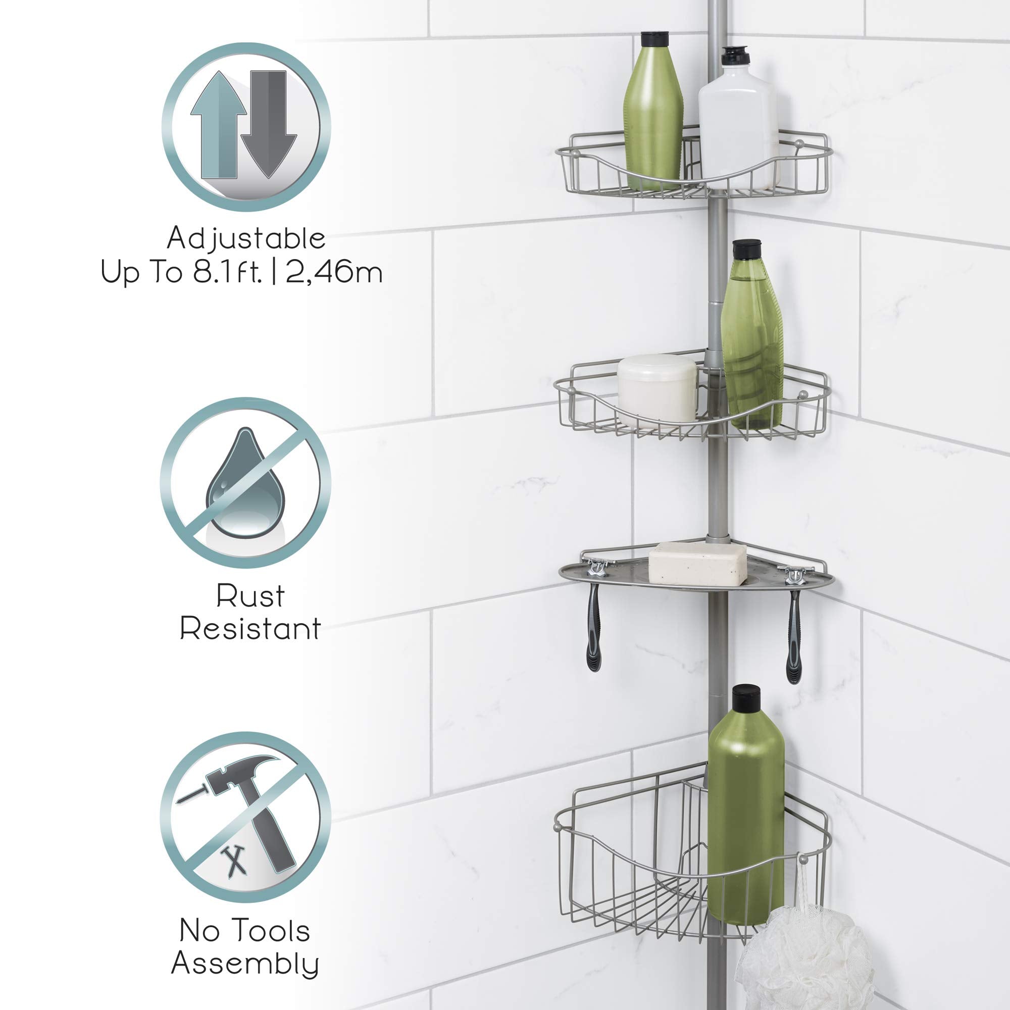 Zenna Home Tension Pole Shower Caddy, Rust Resistant, Corner Caddy With 3 Bathroom Storage Shelves And Soap Tray, Adjusts From 6